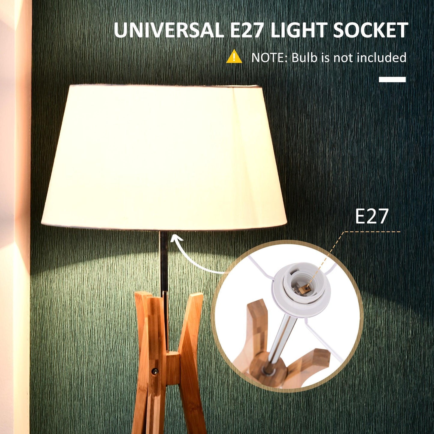 HOMCOM Wooden Tripod Floor Lamp, White, 156cm - ALL4U RETAILER LTD