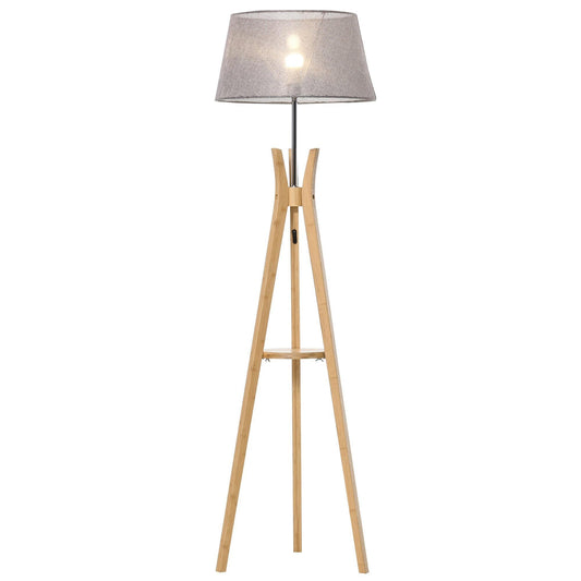 HOMCOM Wooden Tripod Floor Lamp with Shelf - Grey - ALL4U RETAILER LTD