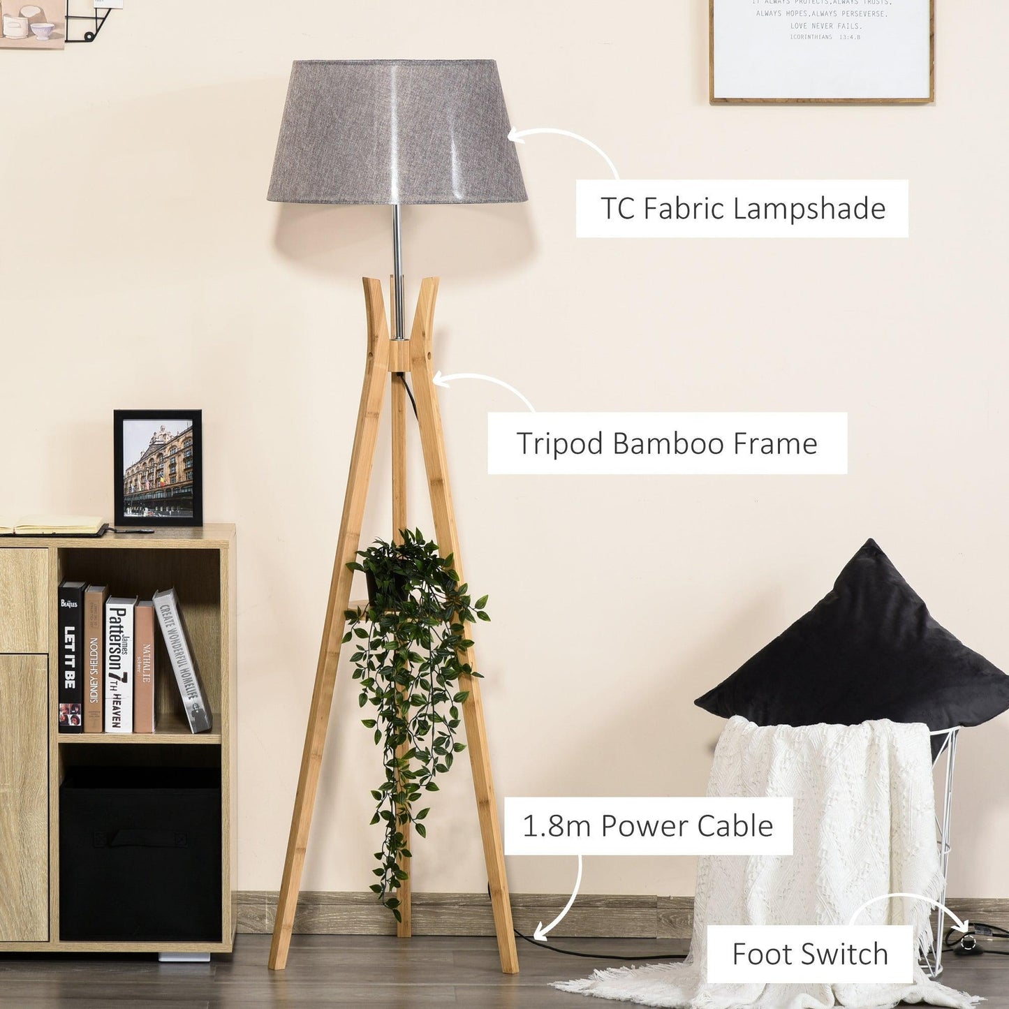 HOMCOM Wooden Tripod Floor Lamp with Shelf - Grey - ALL4U RETAILER LTD