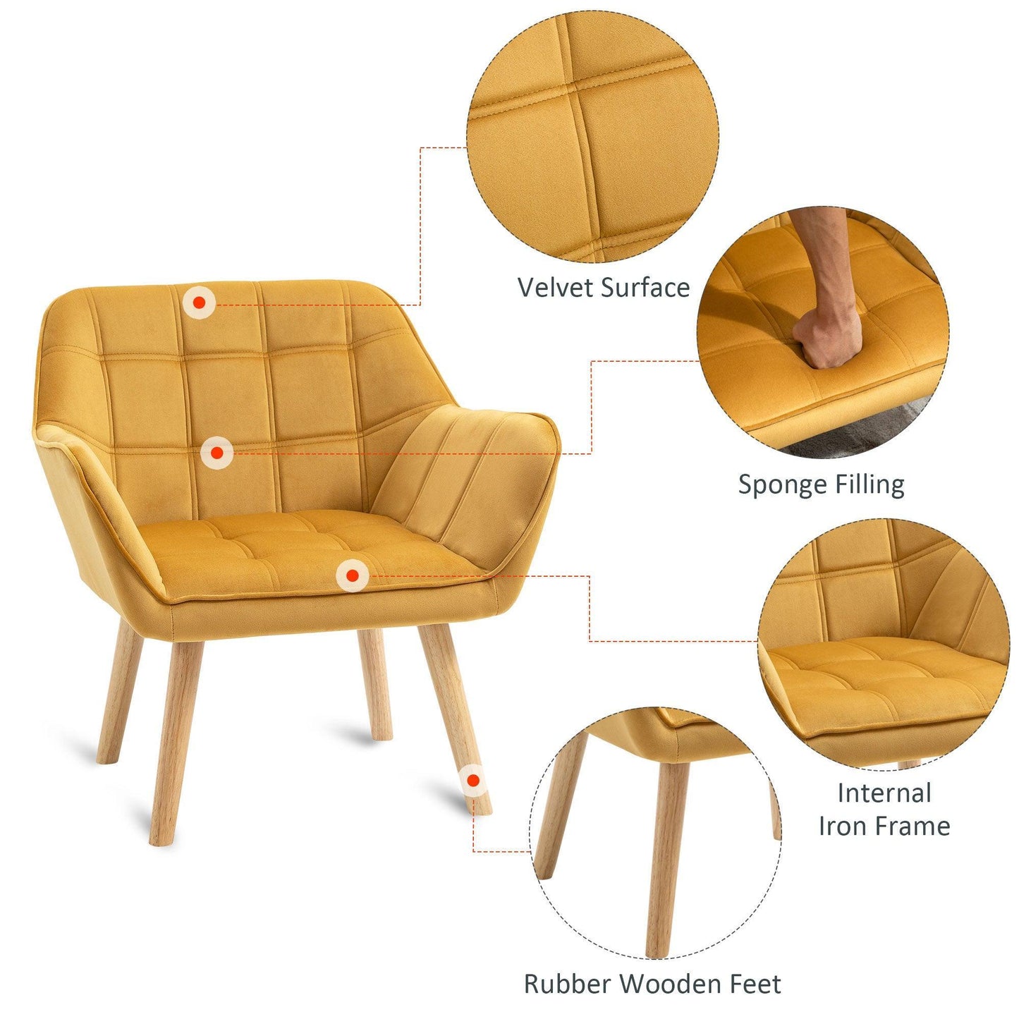 HOMCOM Yellow Armchair with Wide Arms & Slanted Back - ALL4U RETAILER LTD