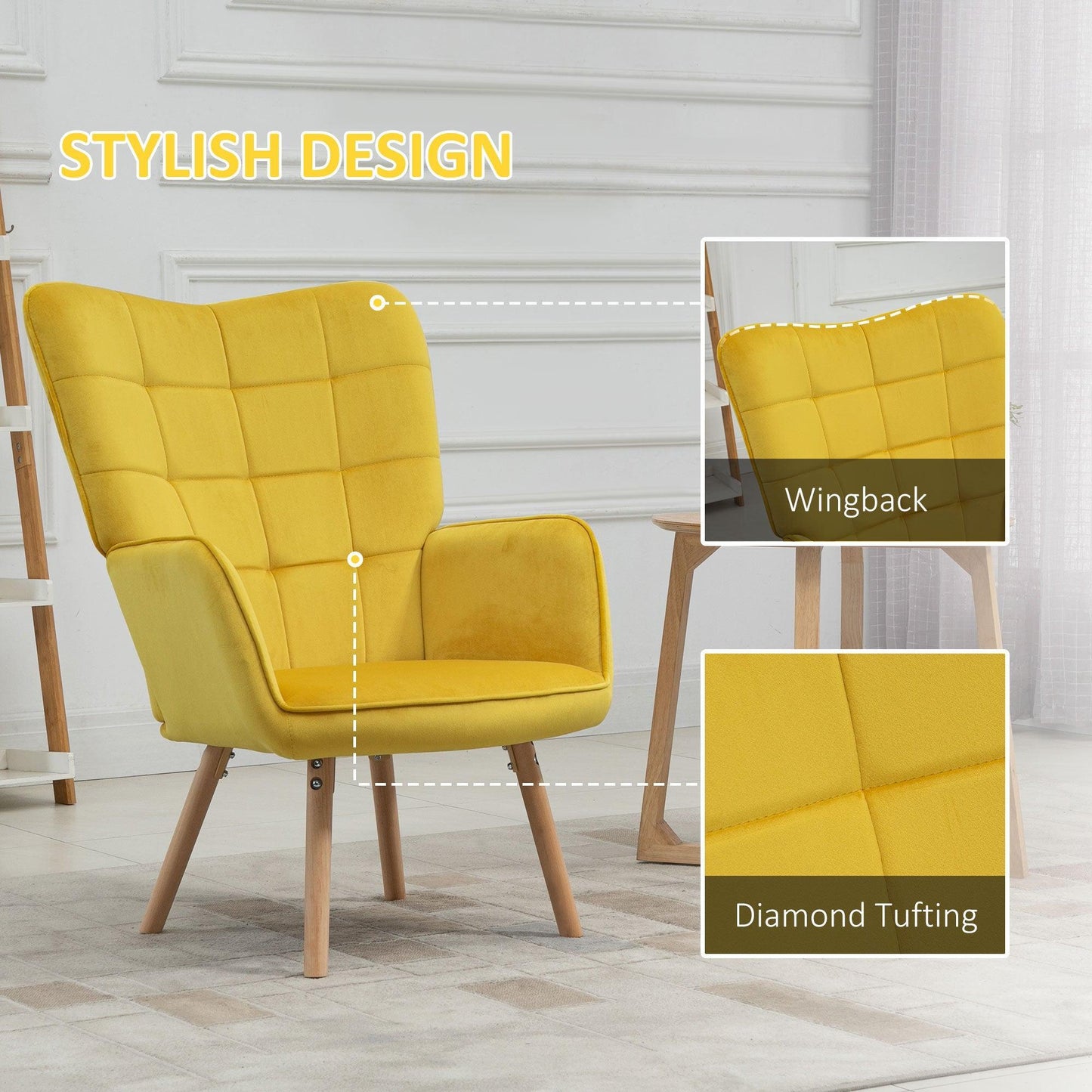 HOMCOM Yellow Wingback Armchair: Modern & Cozy - ALL4U RETAILER LTD