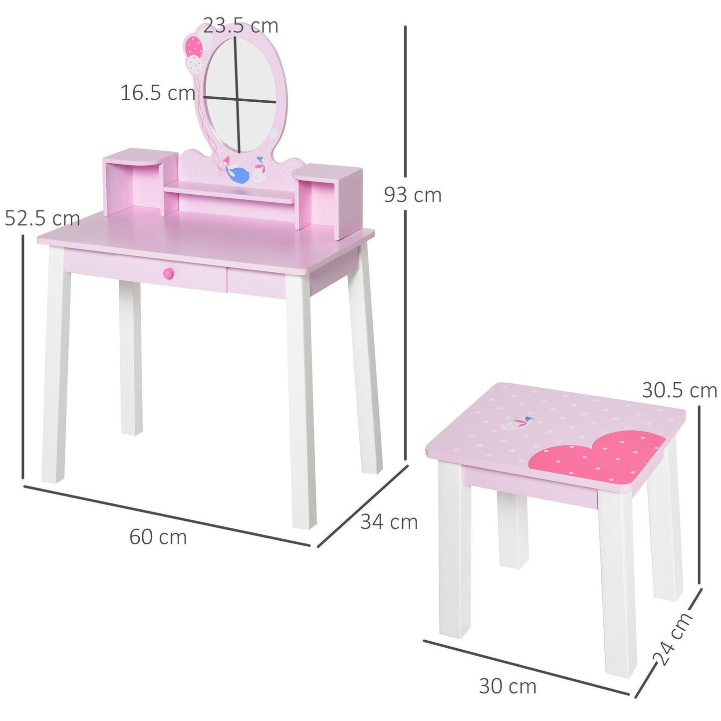HOMCOMKids Vanity Table and Stool Set: Pink & White - ALL4U RETAILER LTD