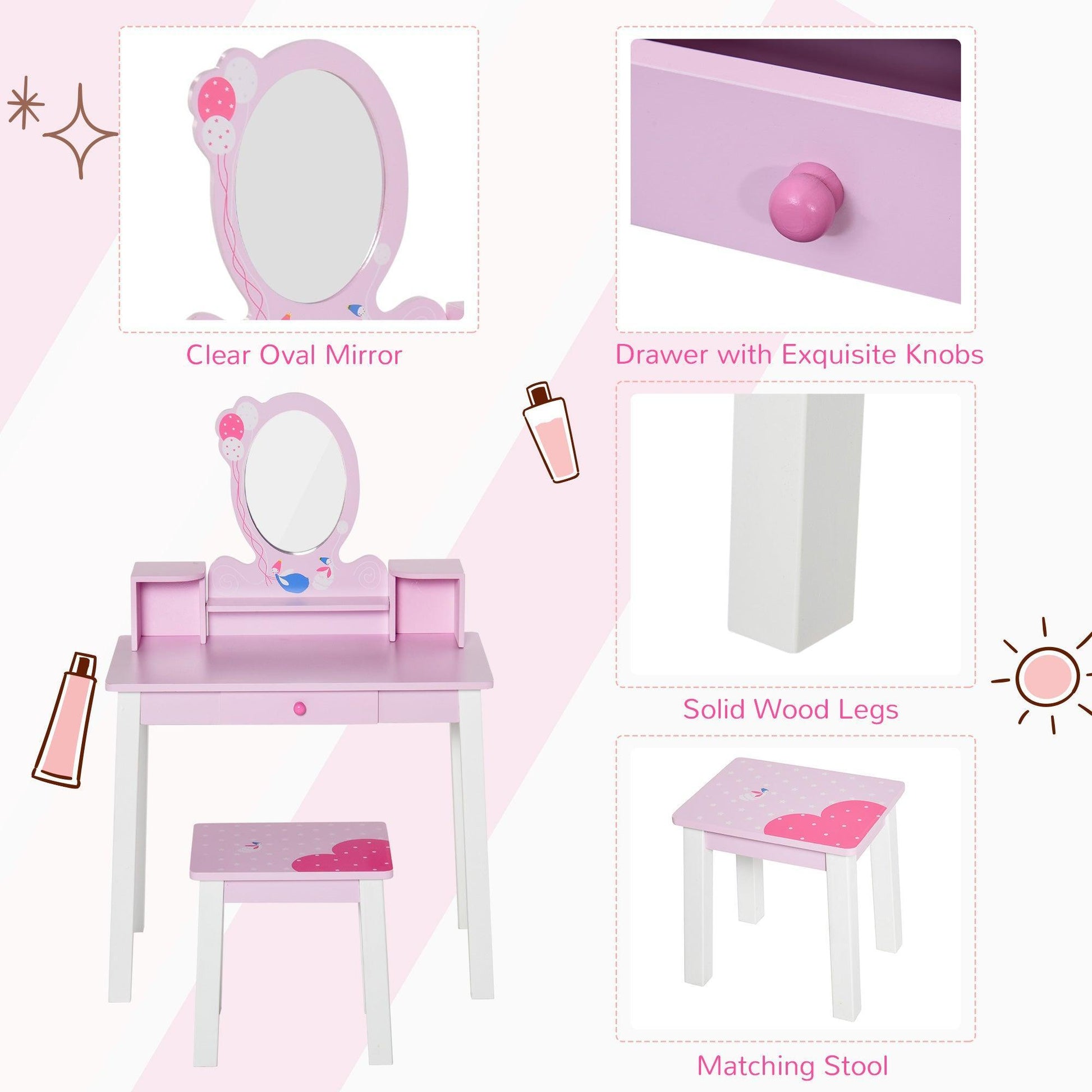 HOMCOMKids Vanity Table and Stool Set: Pink & White - ALL4U RETAILER LTD