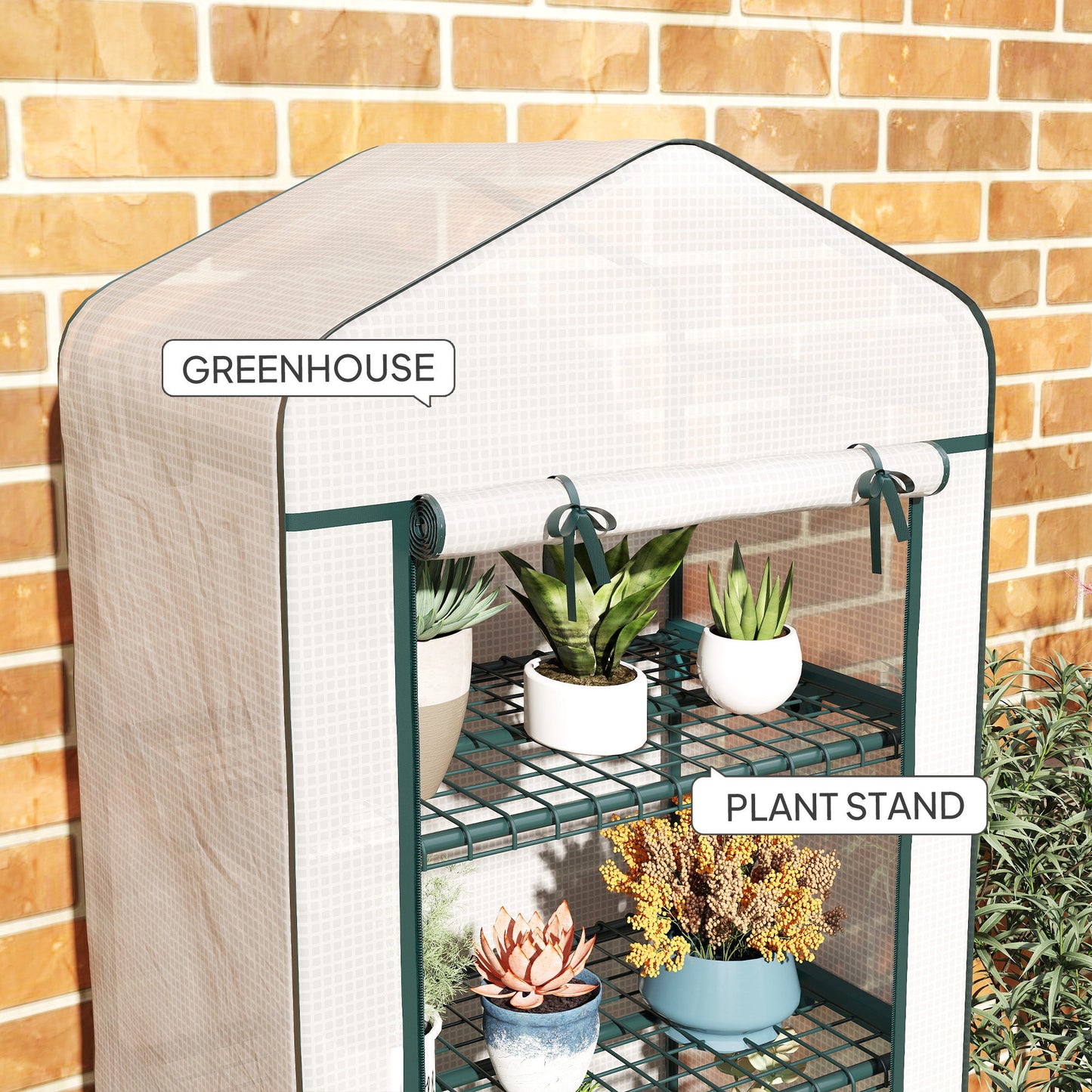 Outsunny 4 Tier Mini Portable Greenhouse with Lockable Rolling Wheels White Metal Frame PE Cover
