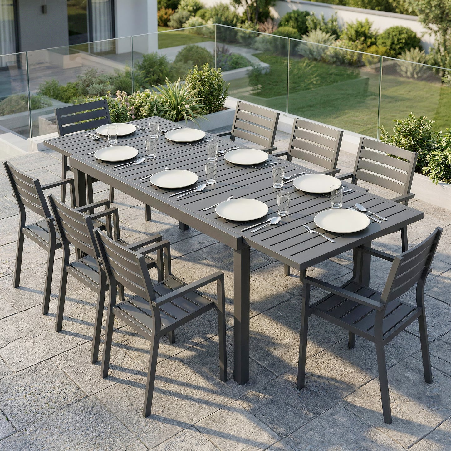 Outsunny Extending Aluminium Outdoor Dining Table For 6 To 8 People With Slatted Top Dark Grey