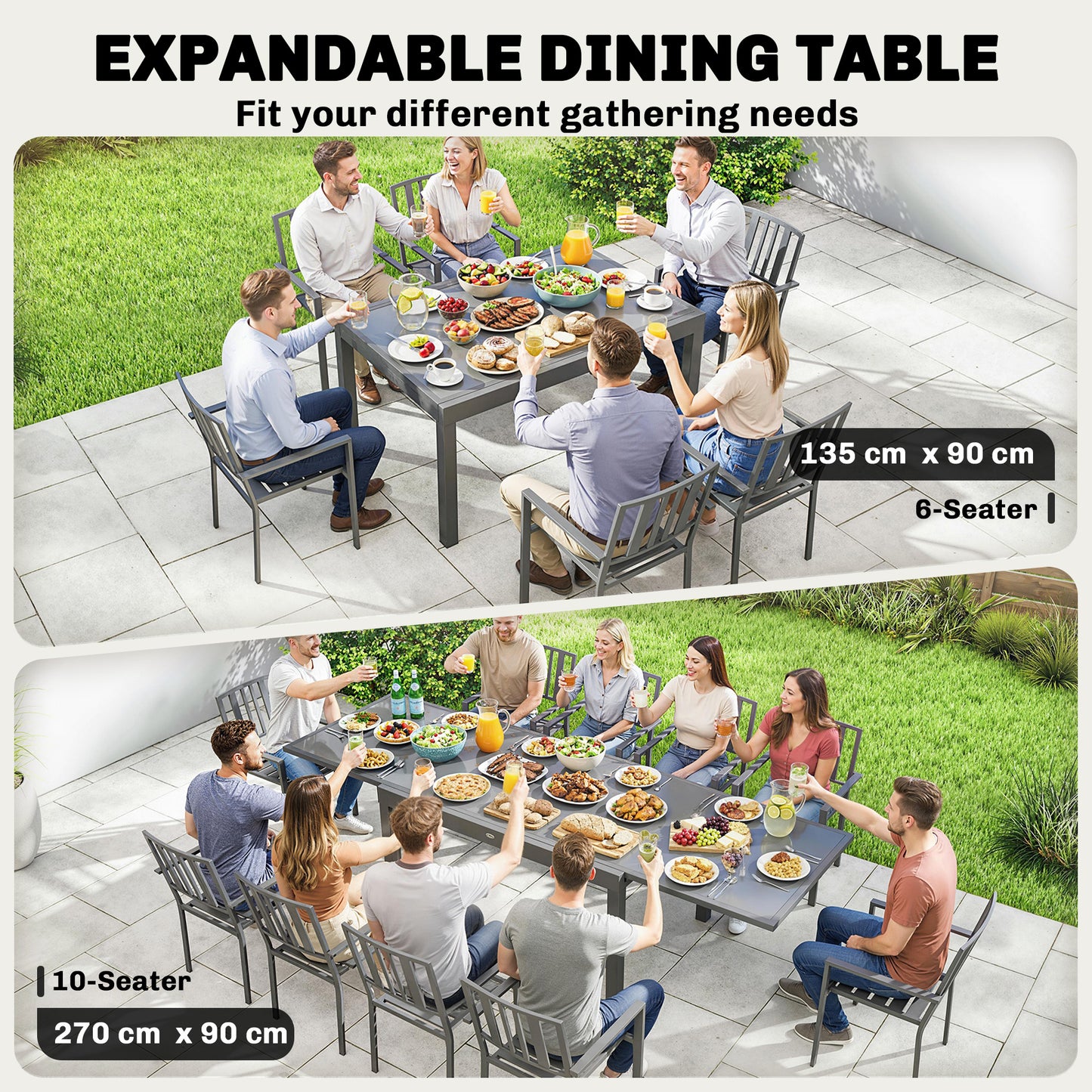 Outsunny Extending Garden Table for 6 to 10 People Aluminum Outdoor Dining Table with Tempered Glass Top Grey