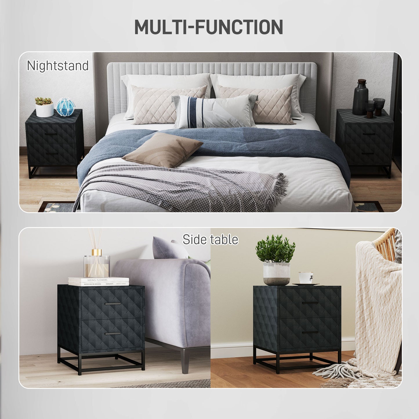 HOMCOM Bedside Tables Set of 2 Modern Nightstands With 2 Drawers Diamond Pattern Veneer Black Steel Legs
