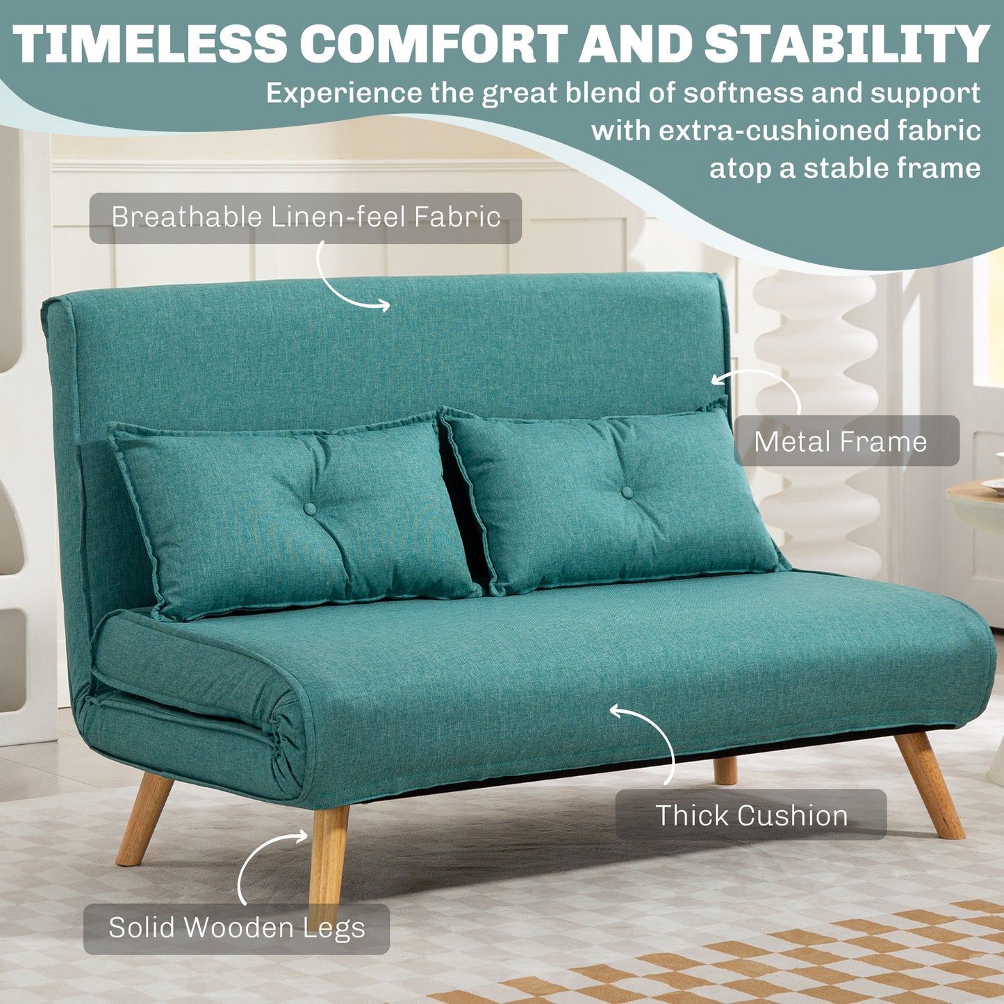 HOMCOM Two Seater Linen Look Sofa Bed Green With Click Clack Mechanism For Guests And Everyday Comfort