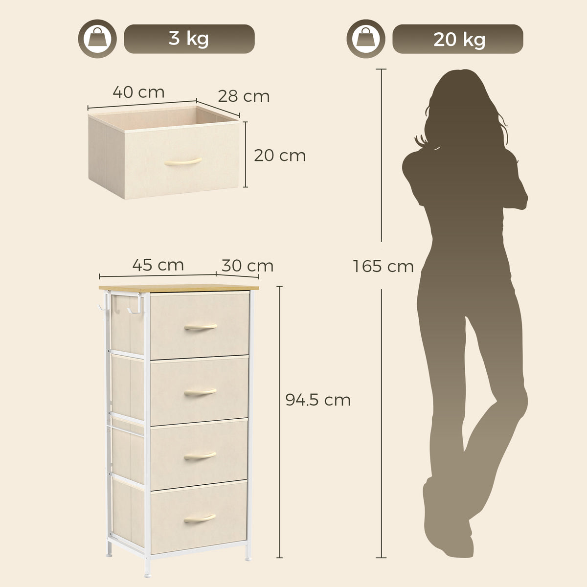 Homcom 4 Drawers Fabric Chest Of Drawers With Steel Frame And Hooks Beige