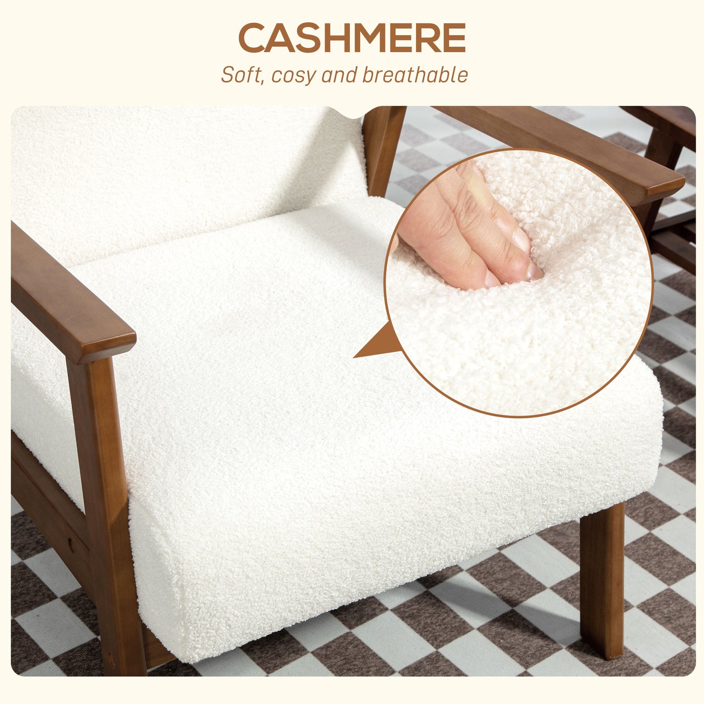HOMCOM Boucle Seat Mid Century Accent Chair White With Plush Cashmere Feel Upholstery