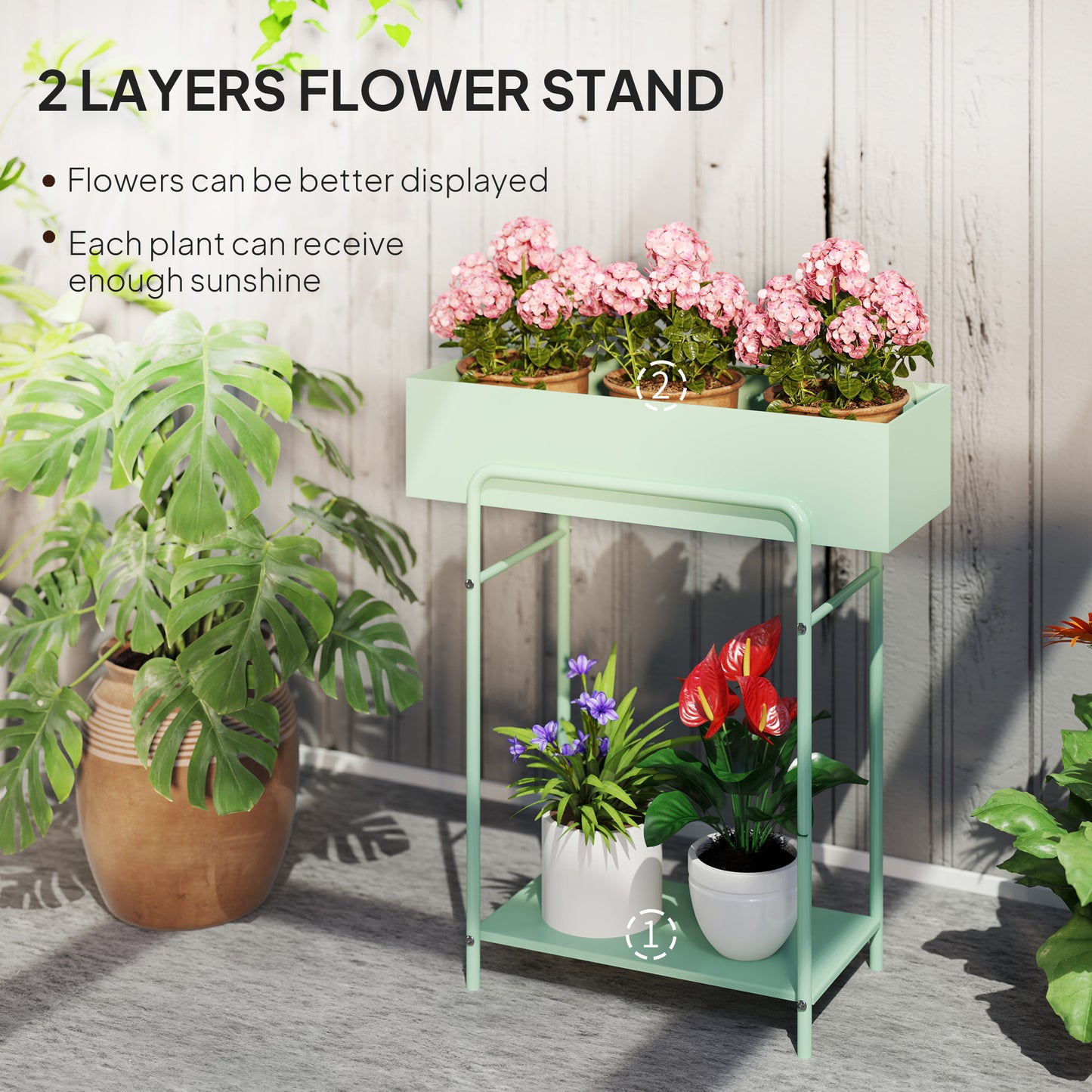Outsunny Two Tier Metal Plant Stand With Drain Holes Floor Standing Indoor Outdoor Garden Patio Balcony