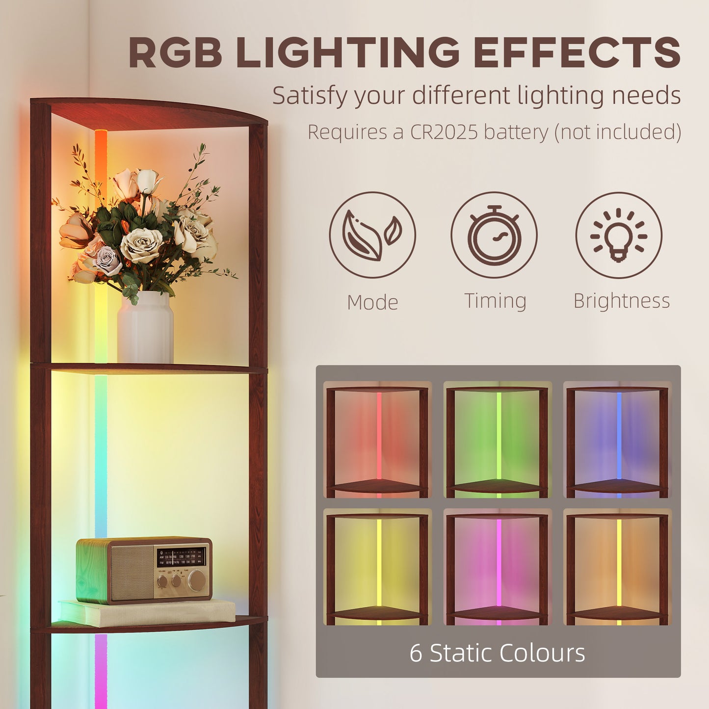 HOMCOM RGB Standing Lamp With Shelves Five Tier LED Floor Lamp With Multiple Lighting Modes Brown