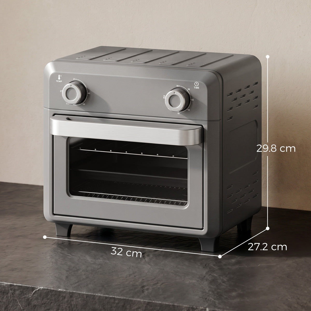 Grey air fryer oven front view with glass door and two control knobs