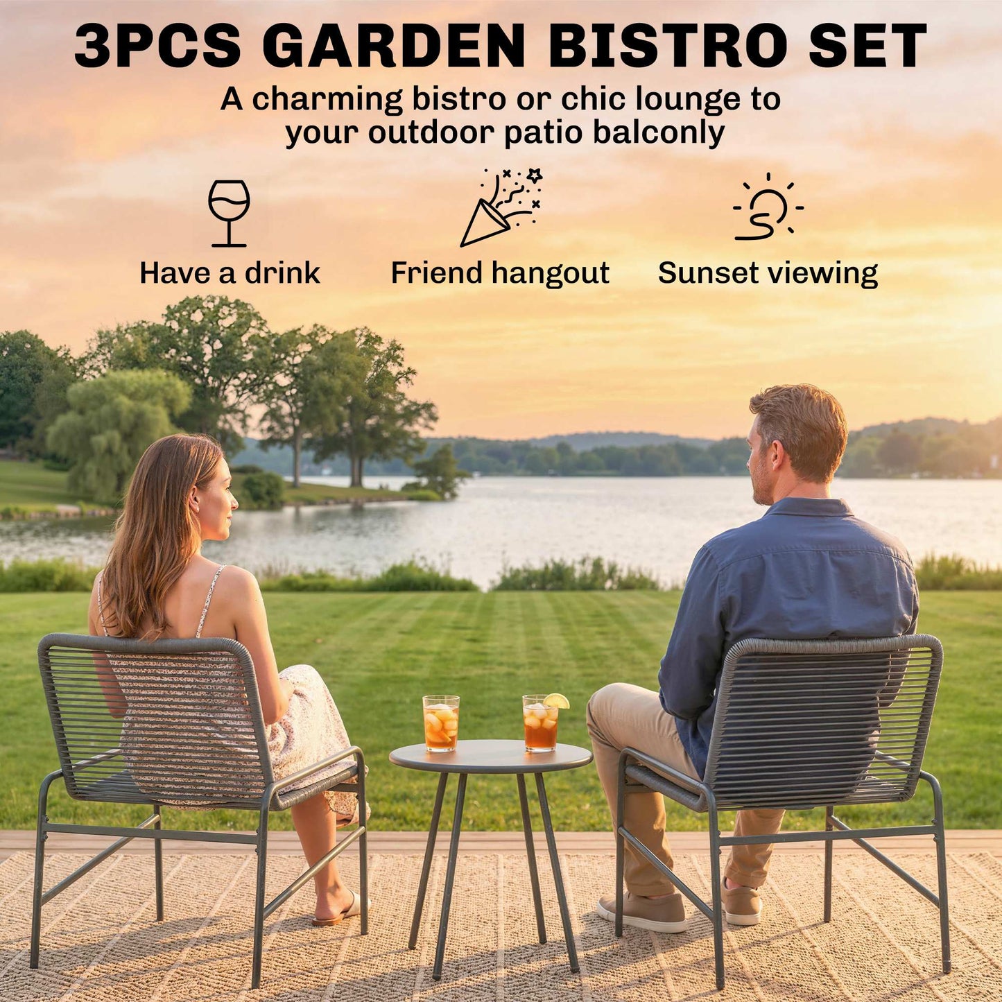 Outsunny 3 Piece Rattan Bistro Set With 2 Chairs And Round Coffee Table For Patio Balcony Dark Grey