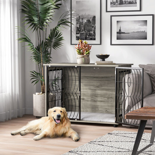 PawHut Cozy 37" Dog Crate End Table with Washable Cushion & Lockable Door for Large Dogs - Stylish Pet Furniture - ALL4U RETAILER LTD