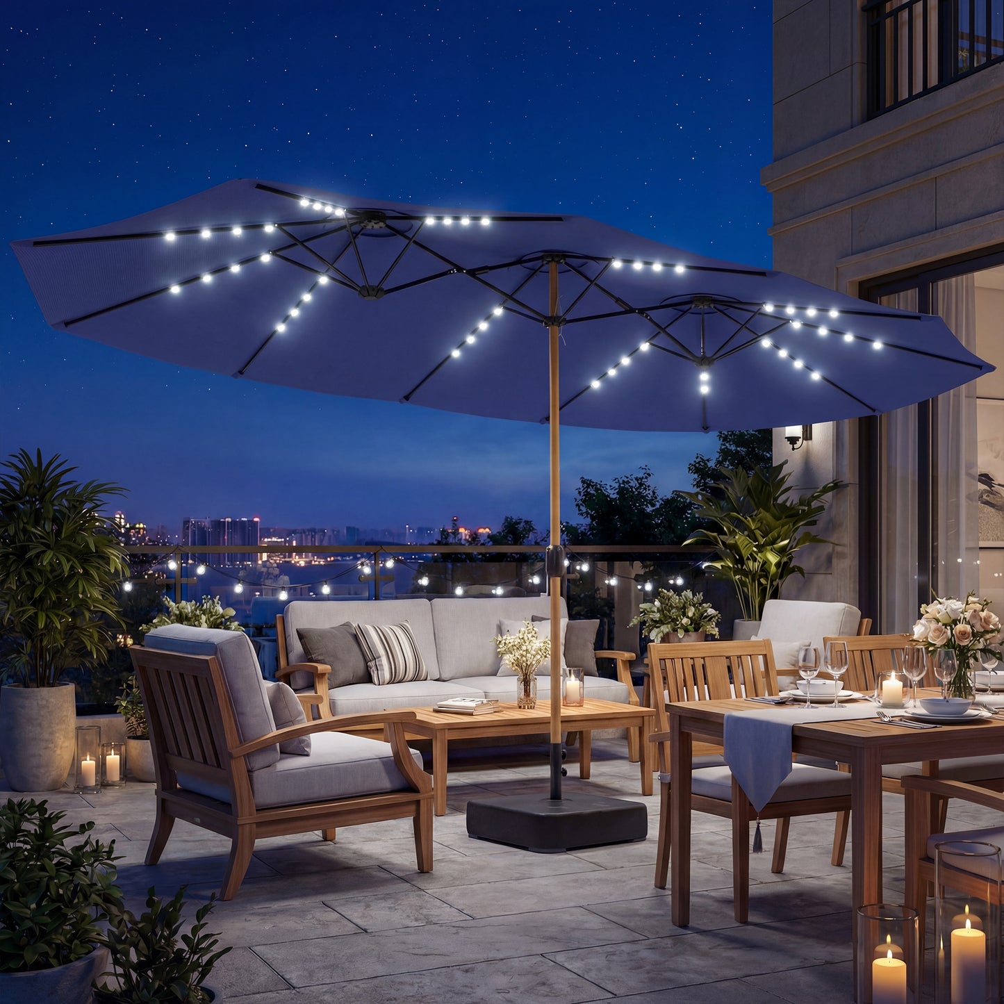 Outsunny Double Sided Garden Parasol With Base Included 48 Solar LED Lights Patio Umbrella Crank Handle 4.6m Dark Blue