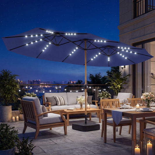 Outsunny Double Sided Garden Parasol With Base Included 48 Solar LED Lights Patio Umbrella Crank Handle 4.6m Dark Blue