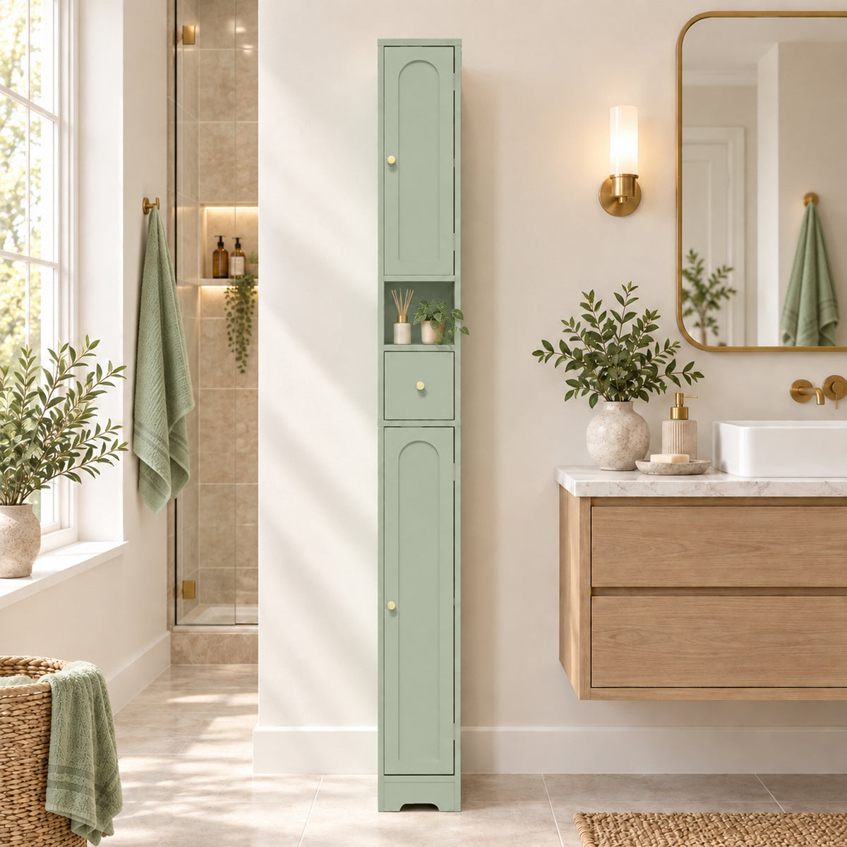 Light green tall bathroom cabinet with arched doors and multiple storage compartments.
