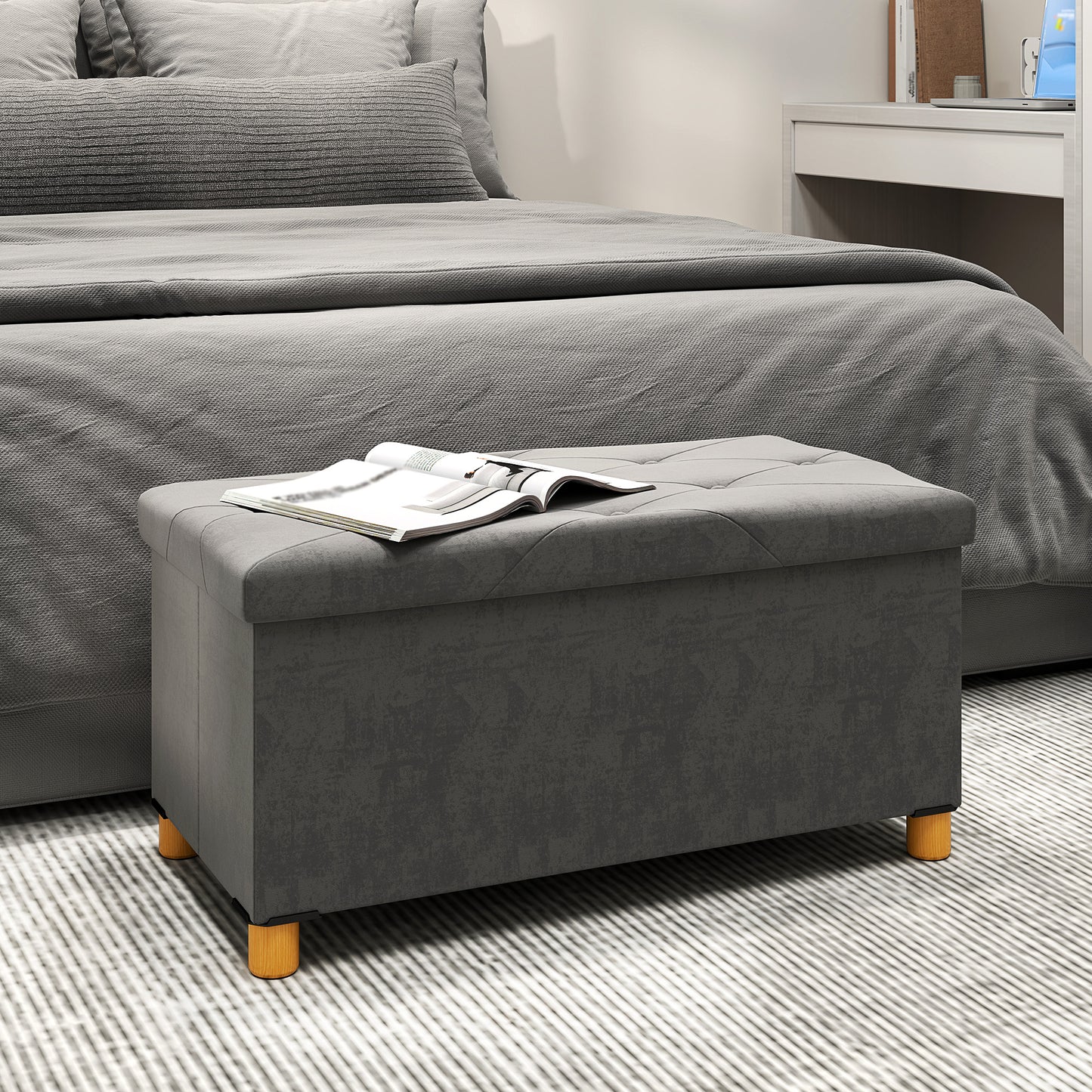 Velvet Upholstered Foldable Storage Ottoman Footrest With Wooden Legs For Living Room Grey
