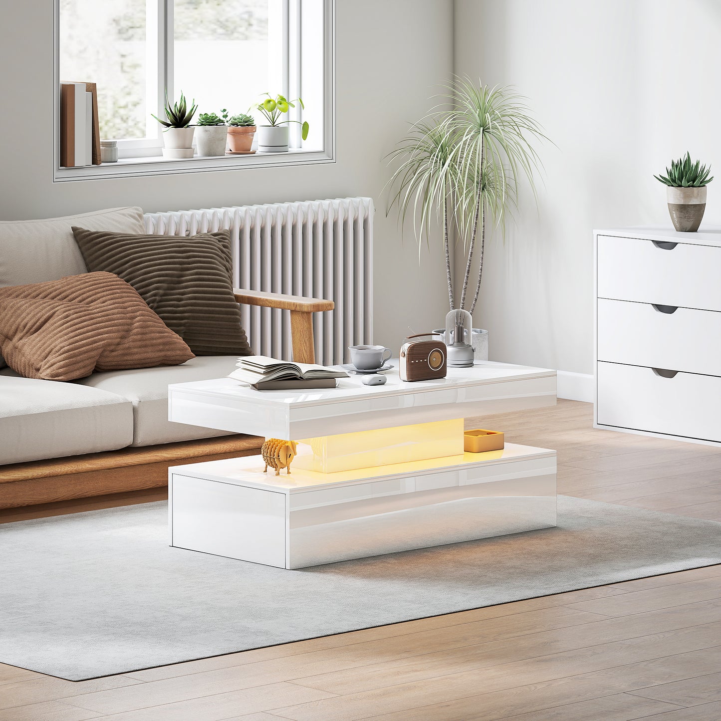 HOMCOM LED Coffee Table With Storage High Gloss White Modern Minimalist Design With RGB Lighting