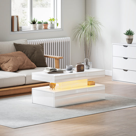 HOMCOM LED Coffee Table With Storage High Gloss White Modern Minimalist Design With RGB Lighting