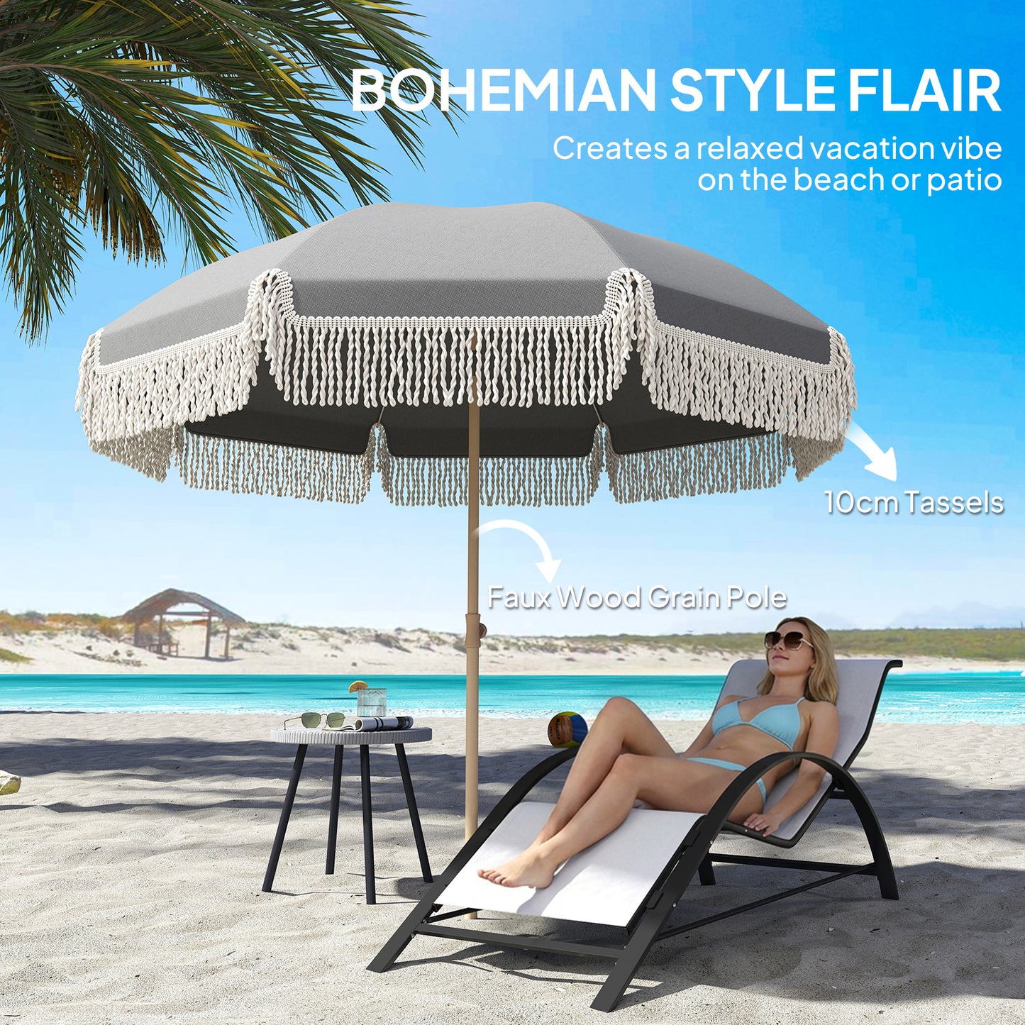 Outsunny 1.7 m Beach Umbrella With Sand Anchor And 30 Degree Tilt Adjustable Height Fringed Parasol Grey