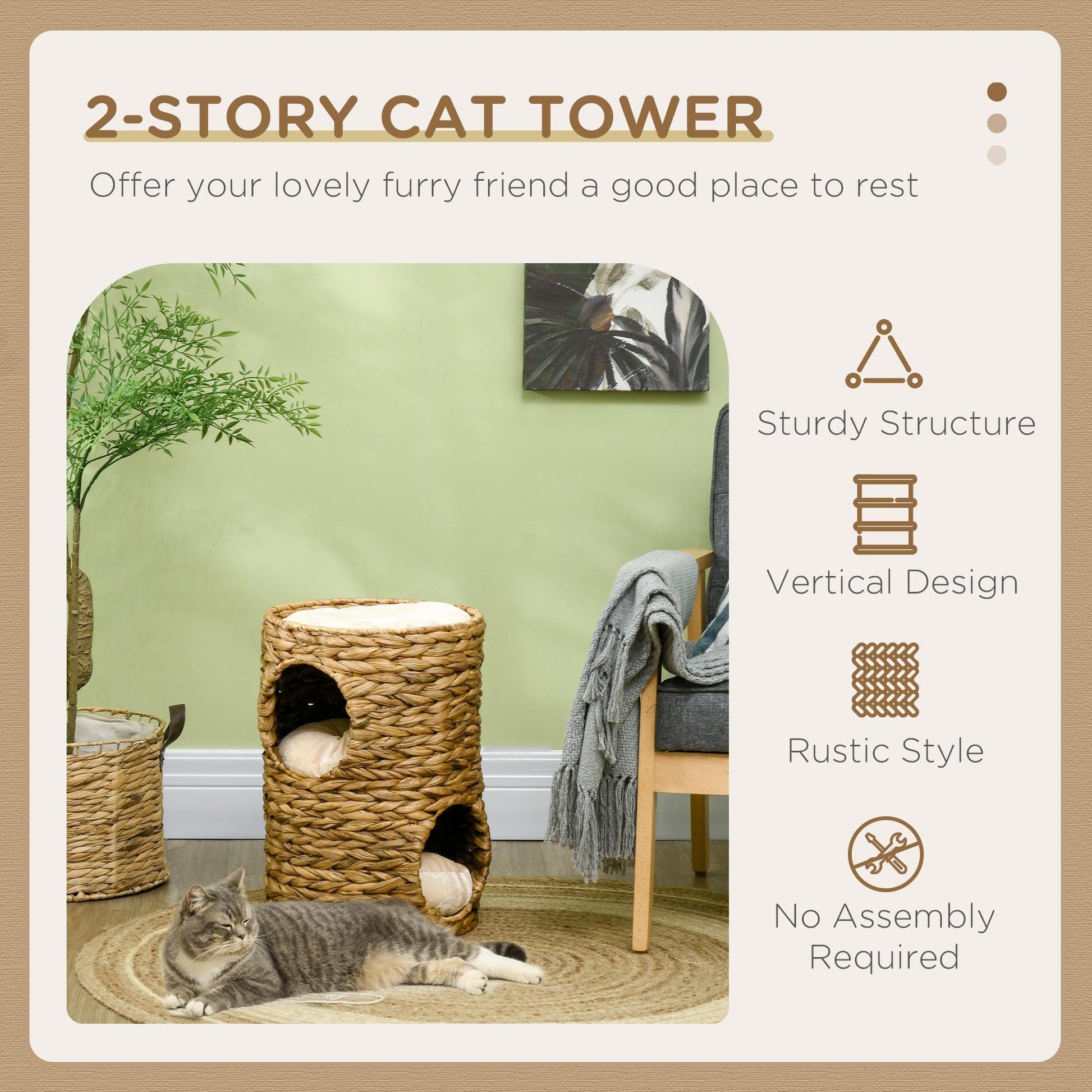 PawHut 47cm Cat Barrel Tree for Indoor Cats w/ Two Cat Houses, Cushion - ALL4U RETAILER LTD