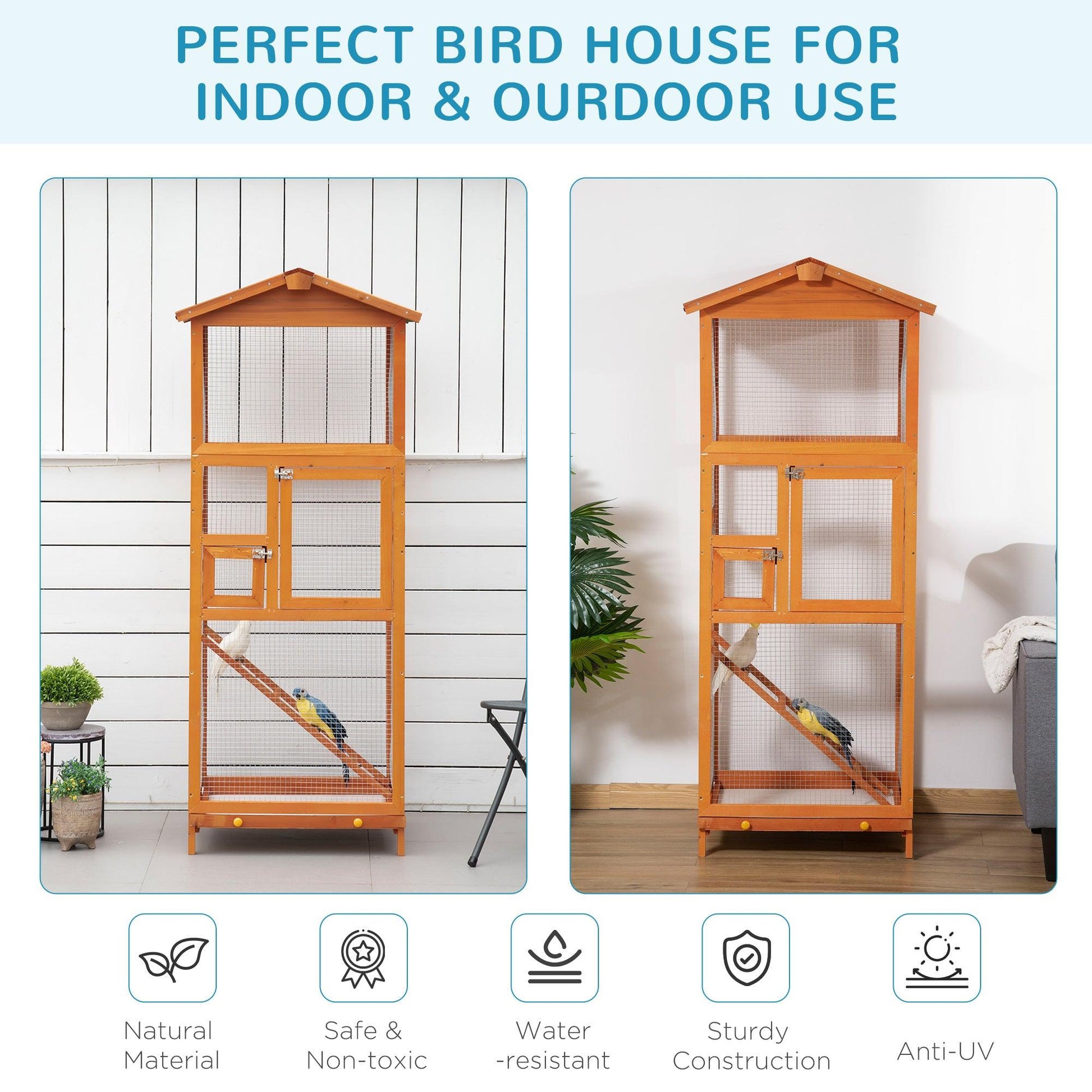 PawHut Orange Wooden Bird Aviary Cage with Pull Out Tray, 2 Doors - ALL4U RETAILER LTD