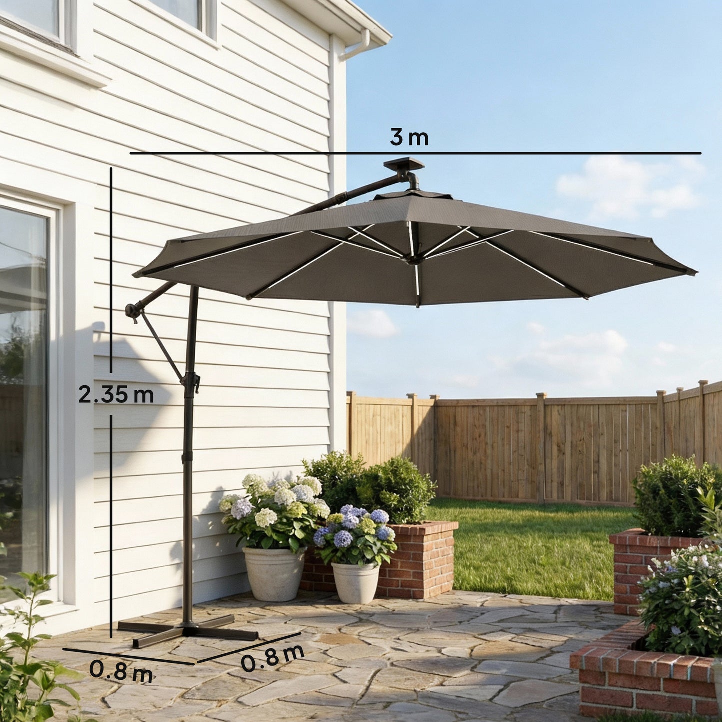 Outsunny 3 Meter Garden Cantilever Parasol With LED Solar Light Round Overhanging Umbrella 360 Degree Rotation Grey
