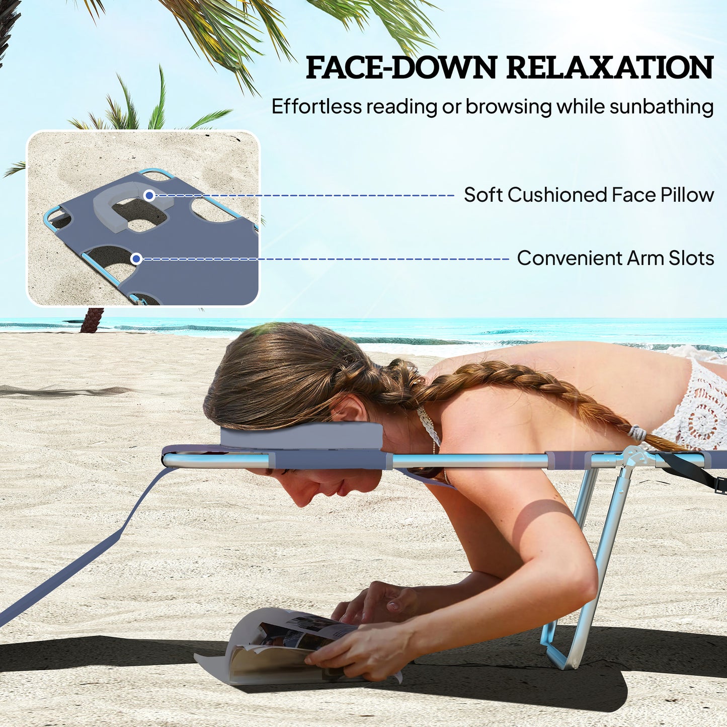 Outsunny 5 Position Adjustable Sun Loungers Set Of 2 With Reading Hole And Side Pocket Grey