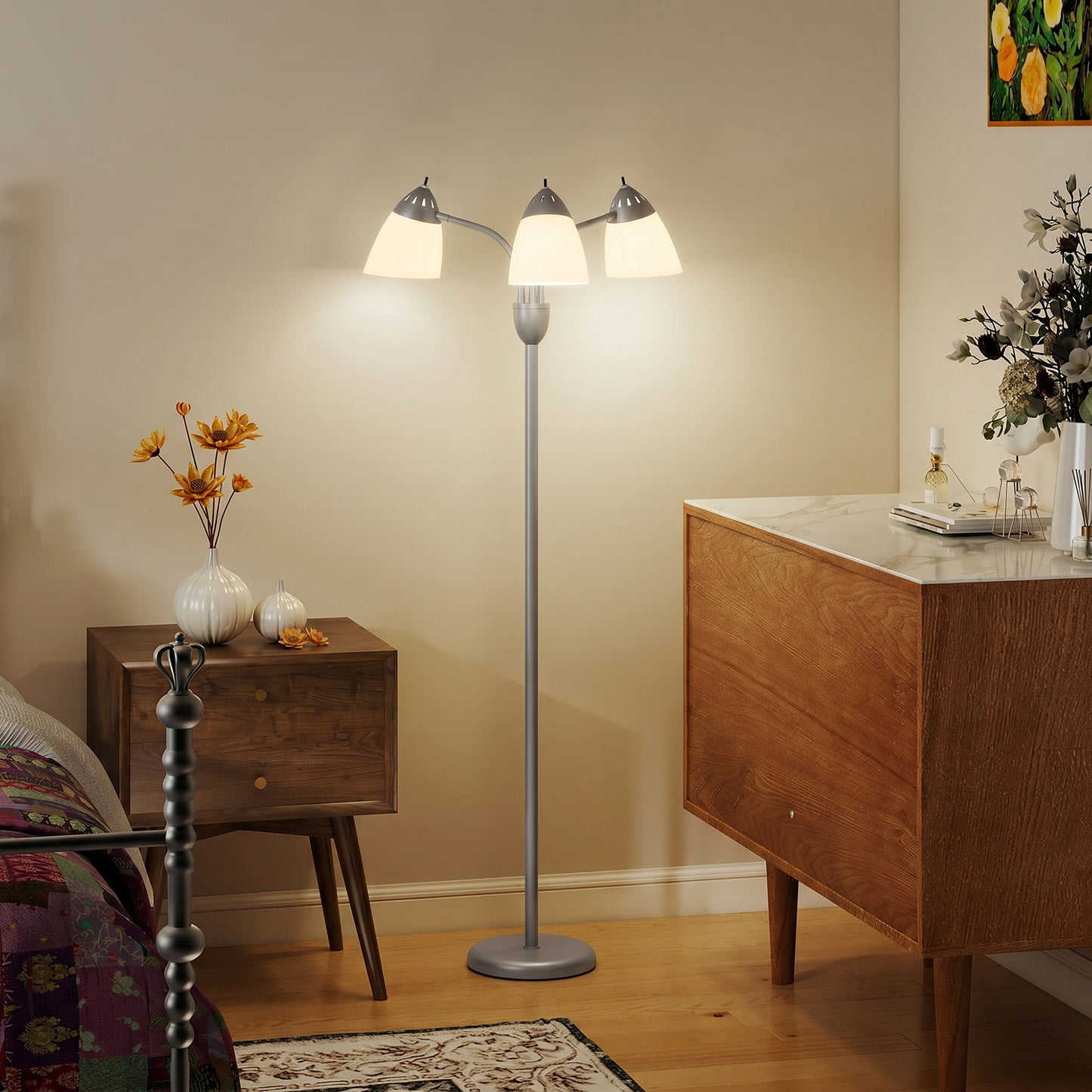 HOMCOM Arc Tree Floor Lamp With Three Adjustable Rotating Lights And Color Temperatures 3000K 4500K 6500K Silver Tone