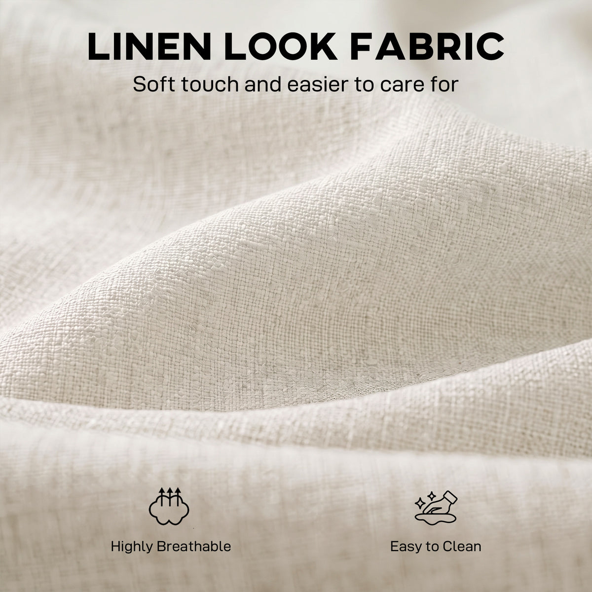 Close-up of light beige linen-look upholstery with soft, textured fabric