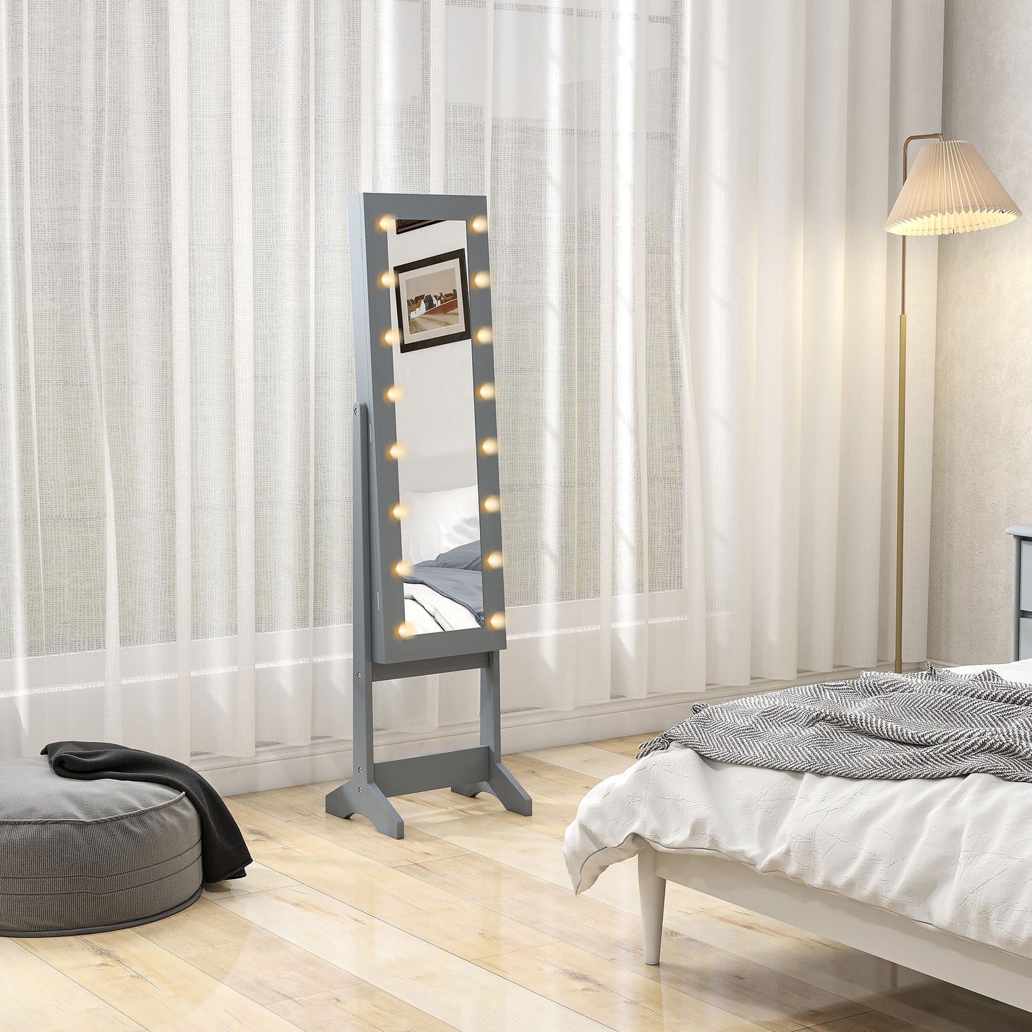 HOMCOM Freestanding Mirrored Jewellery Storage Cabinet With LED Lights Grey 70 Ring Slots And 32 Earring Slots