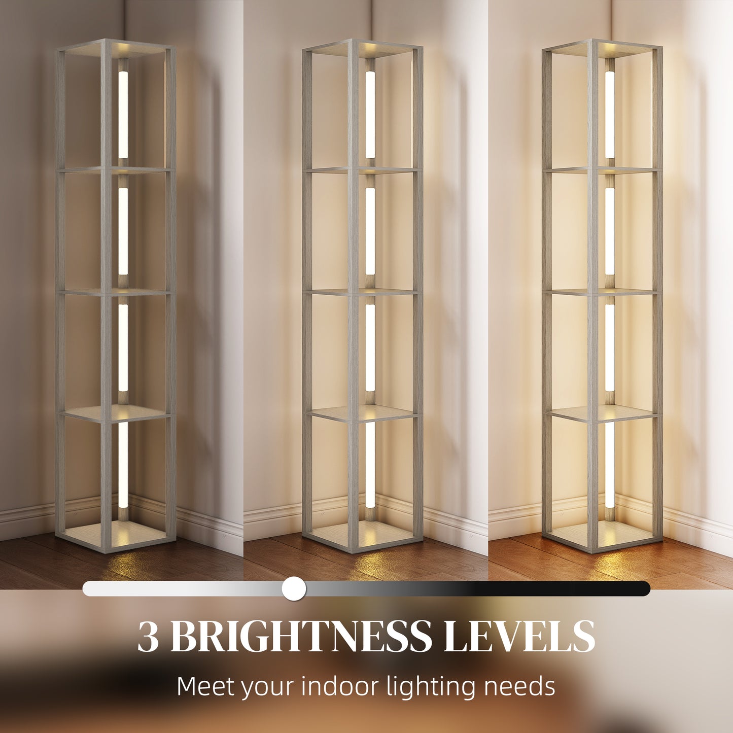 HOMCOM Oak Floor Lamp With Shelves And Three Brightness Levels For Living Room Ambiance