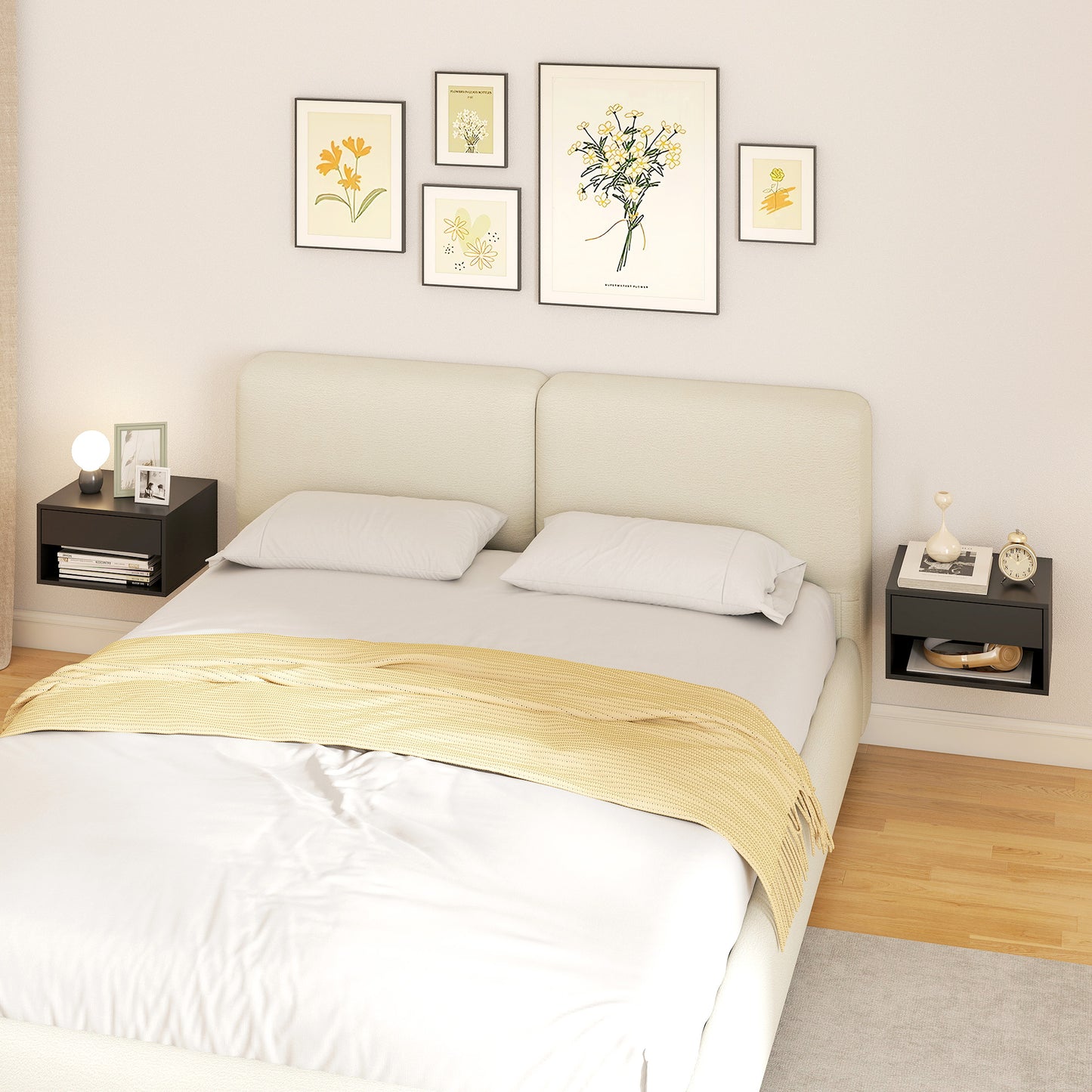 HOMCOM Floating Bedside Tables Set of Two Wall Mounted Nightstands Black Finish With Drawer and Open Shelf Space Saving