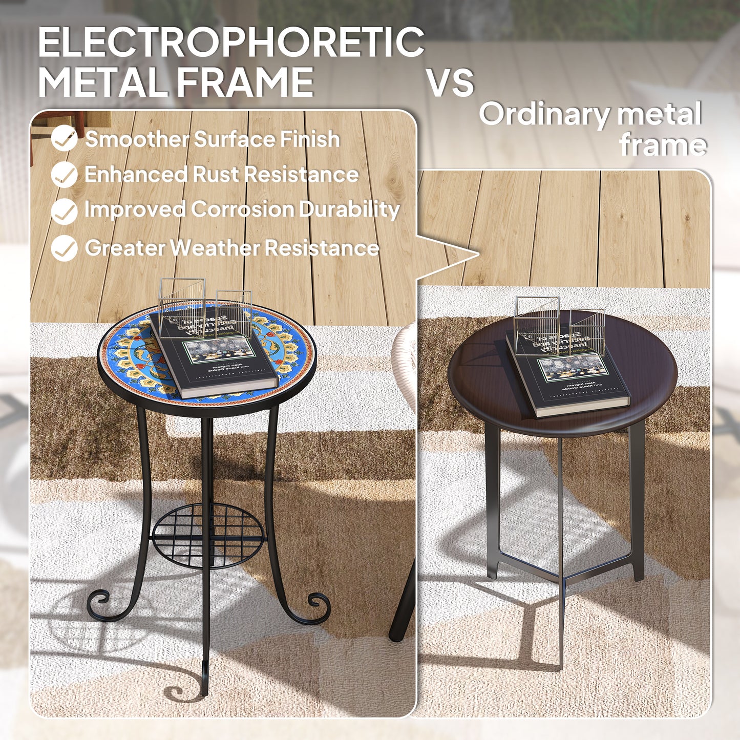 Outsunny Mosaic Round Garden Table With Shelf Ceramic Tile Top Outdoor Patio Balcony End Table Blue