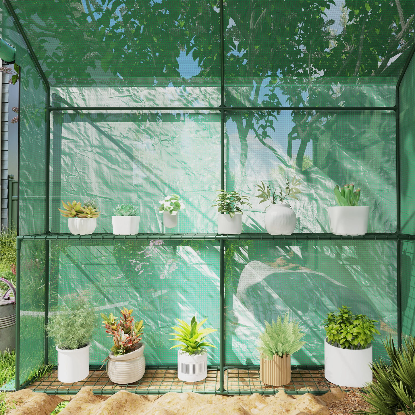 Outsunny 120 by 186cm Walk In Greenhouse With Shelves Steel Frame PE Cover Roll Up Door All Year Round