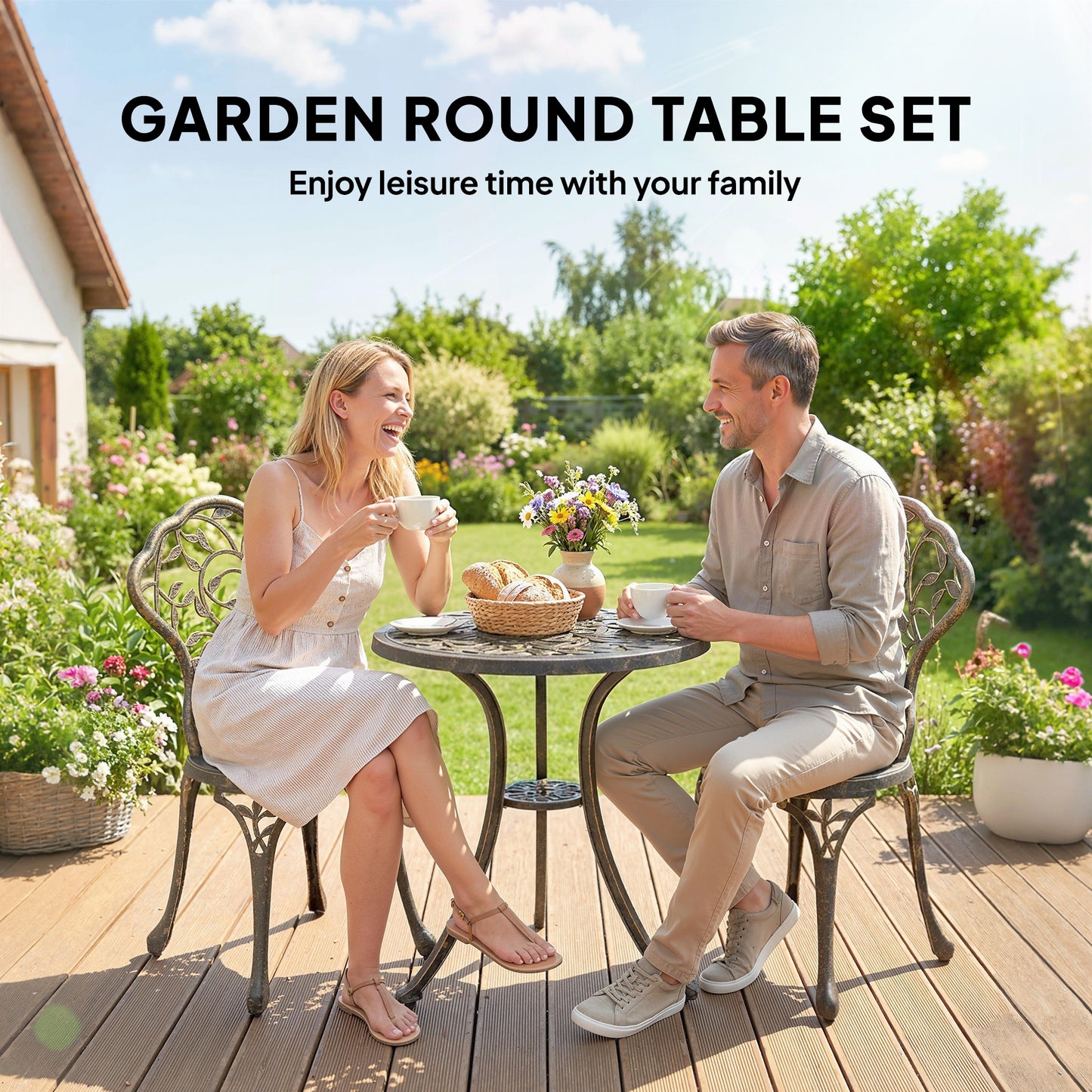 Outsunny 3 Piece Aluminium Bistro Set Outdoor Patio Garden Table and Two Chairs Brown