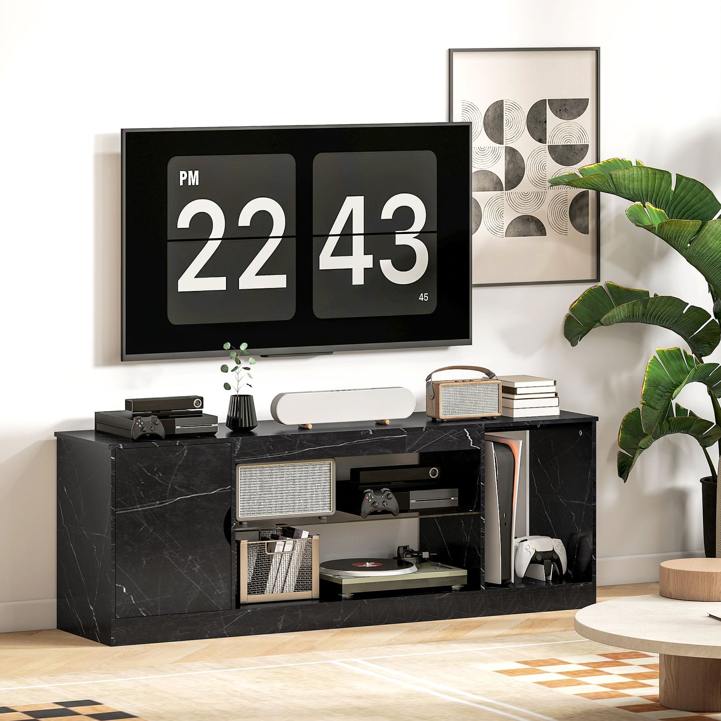 HOMCOM TV Stand Cabinet Black Marble Effect With Glass Shelf Storage Cabinet Entertainment Unit Up To 55 Inch TVs