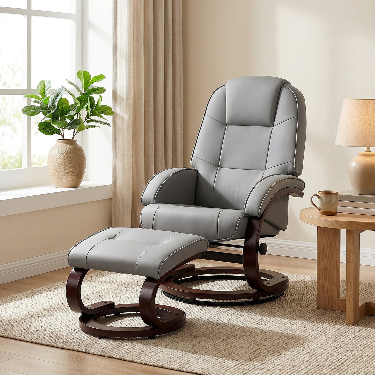 HOMCOM Swivel Recliner Chair With Footstool In PU Leather Adjustable Back Wood Frame Grey