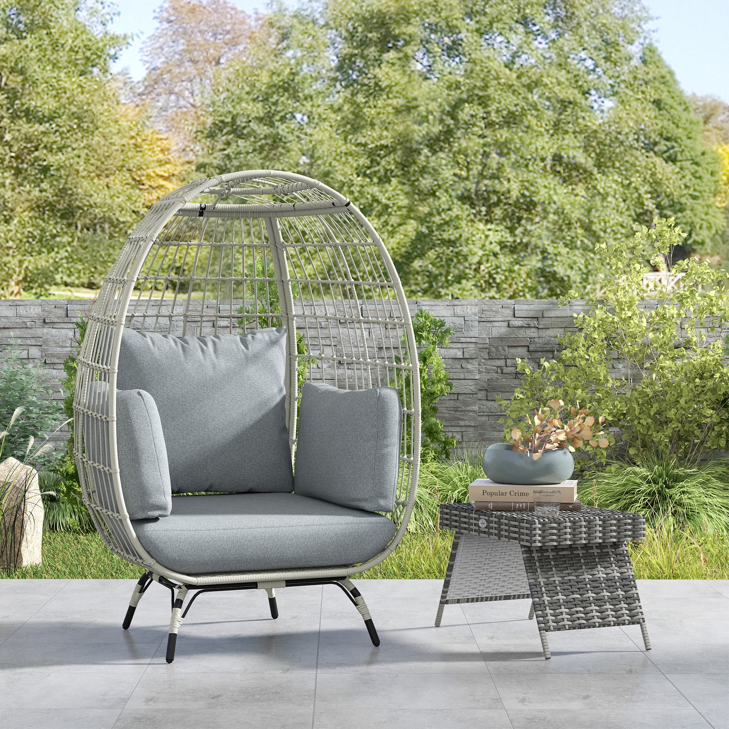 Outsunny Rattan Egg Chair With Cushions And Pillows Charcoal Grey Standing Indoor Outdoor Use