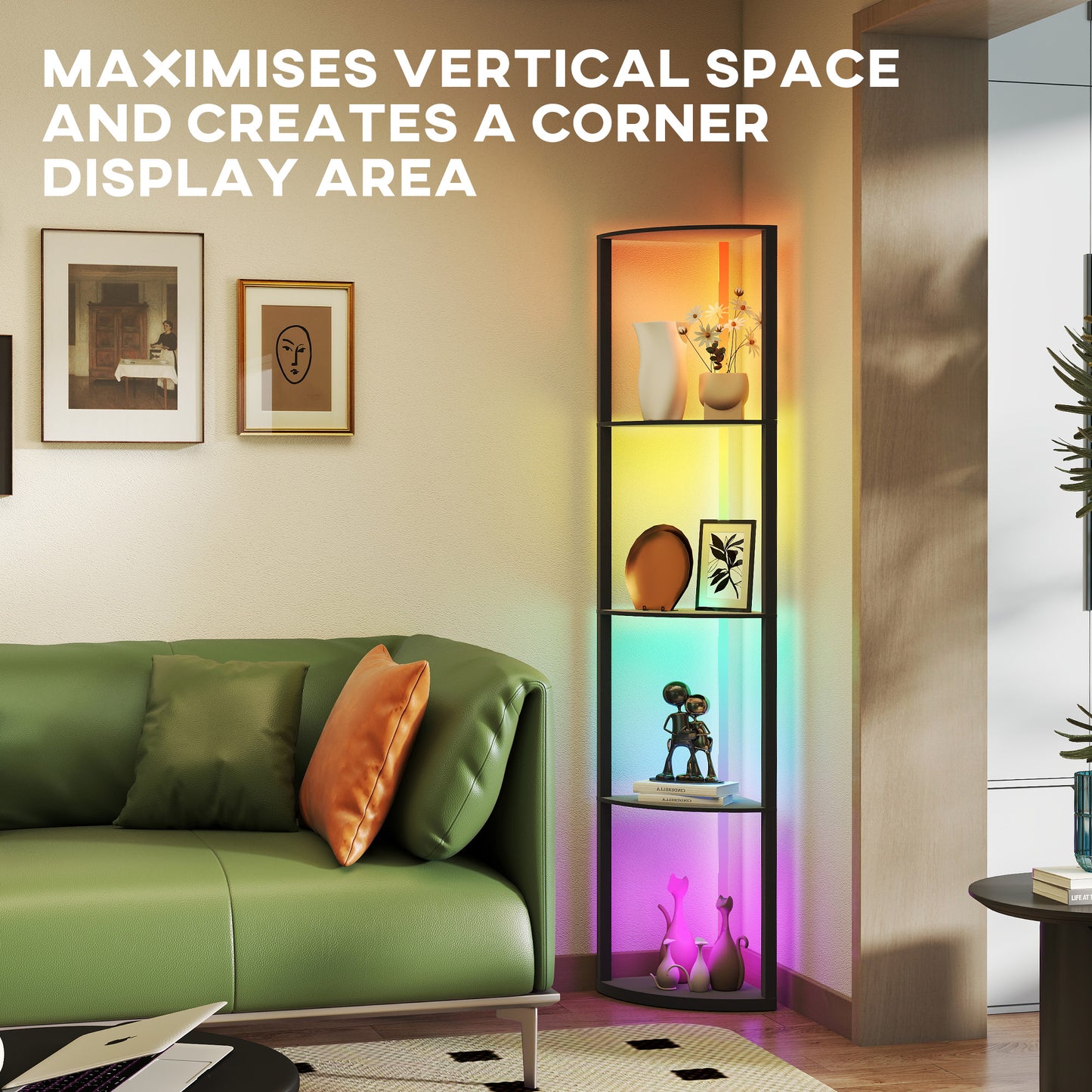 HOMCOM RGB LED Floor Lamp With Shelves 4 Tier Dimmable Standing Lamp With Remote Control Black