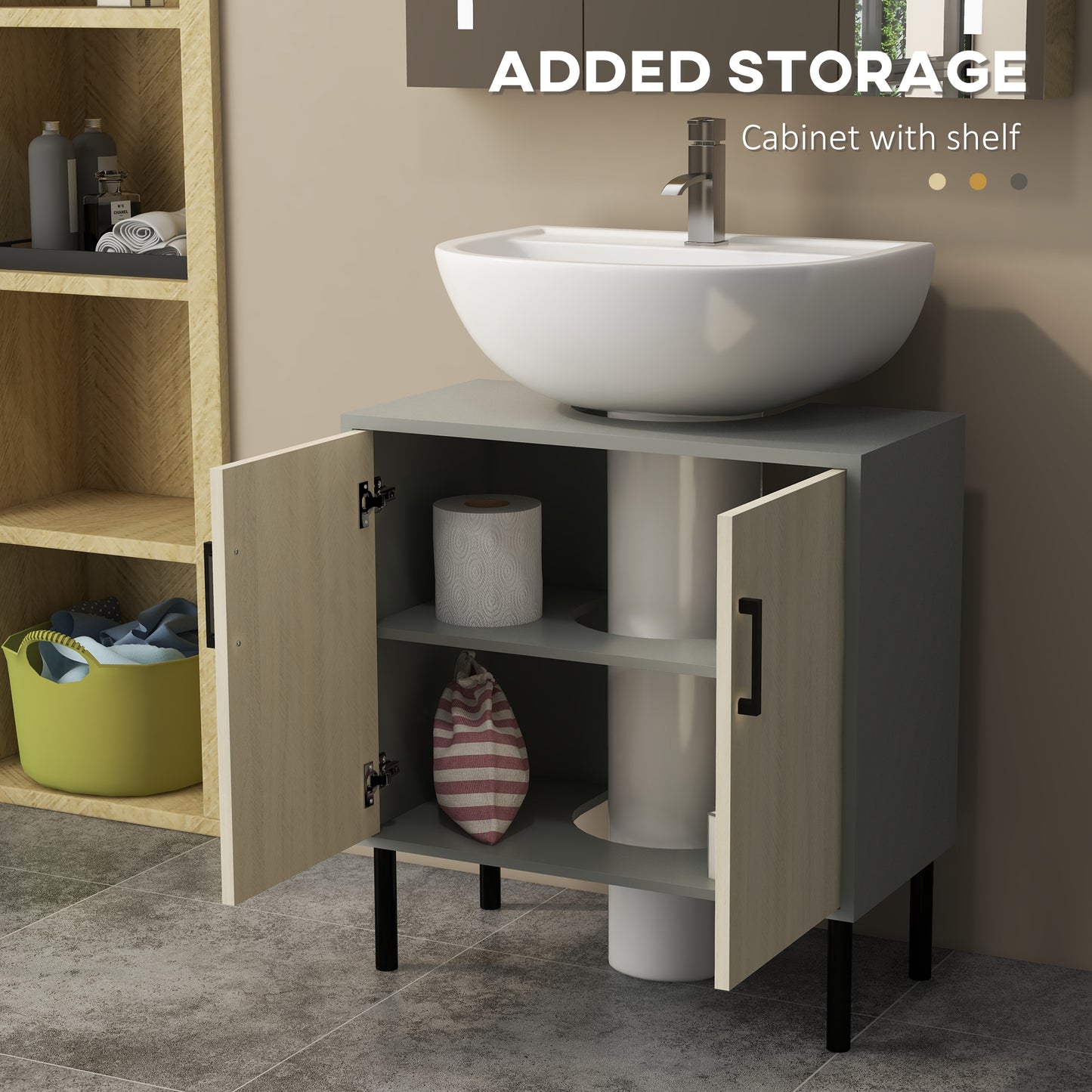 Kleankin Bathroom Furniture Set With Doors Tall Freestanding Cabinet With Adjustable Shelves Under Sink Grey