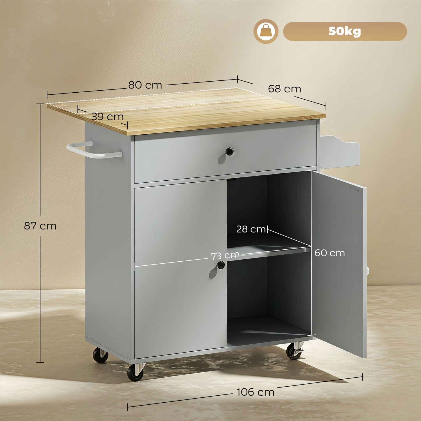 HOMCOM Kitchen Island With Drop Leaf And Rolling Wheels In Grey