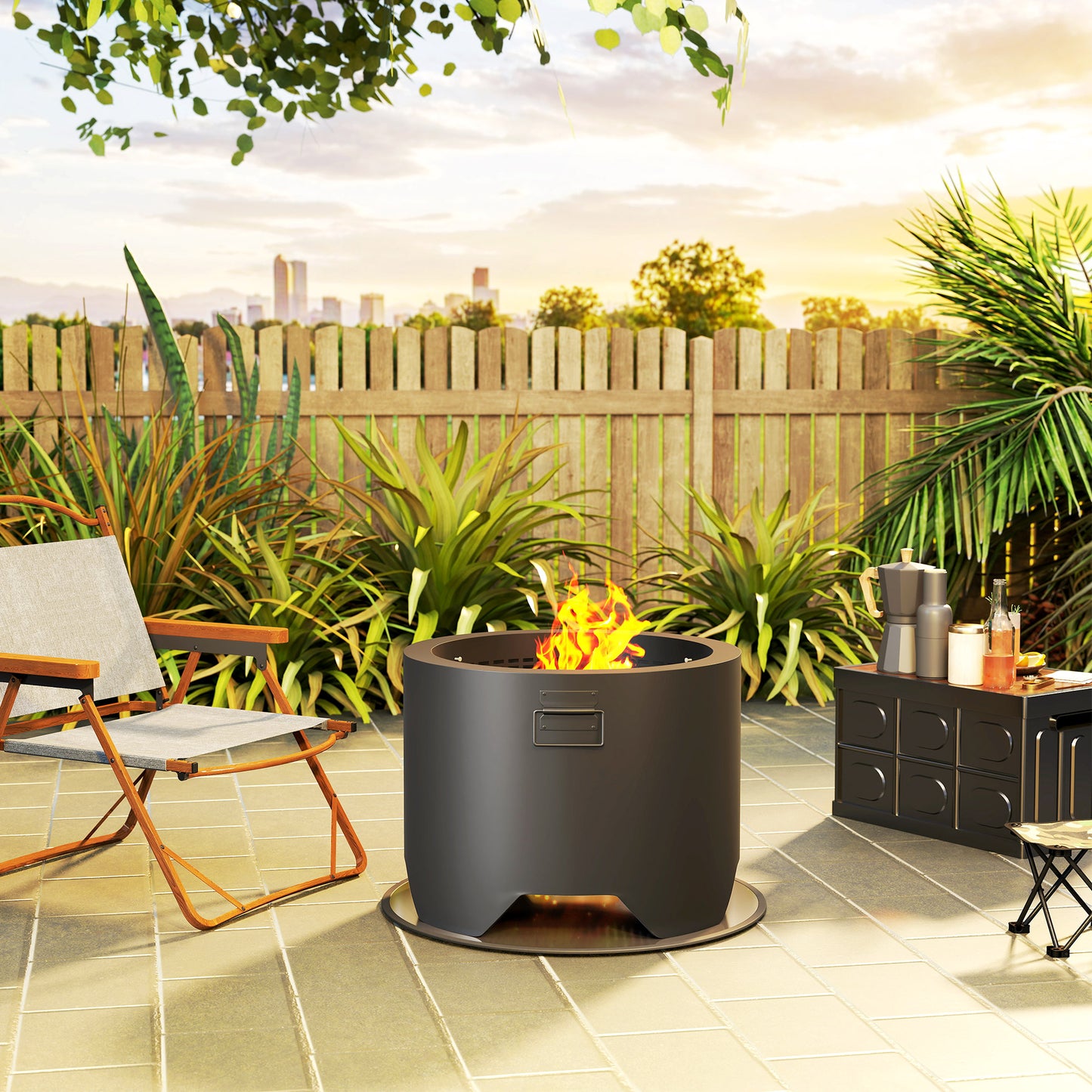 Outsunny Outdoor Round Fire Pit With Lid And Fire Poker In Black For Safe Marshmallow Roasting And Cozy Garden Nights
