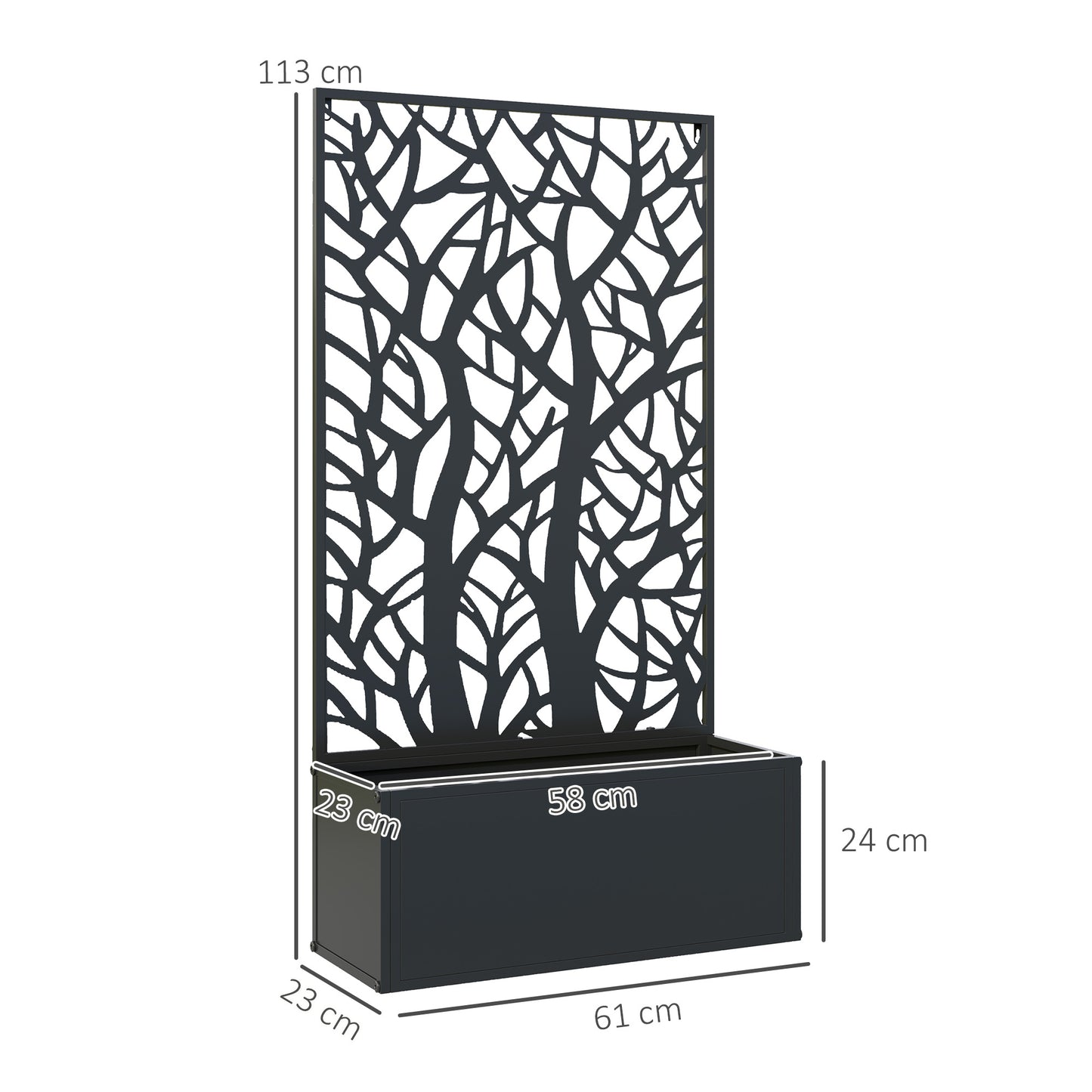 Outsunny Outdoor Metal Planter With Back Trellis Black Garden Box 23x58cm For Climbing Vines Holds 32L Soil