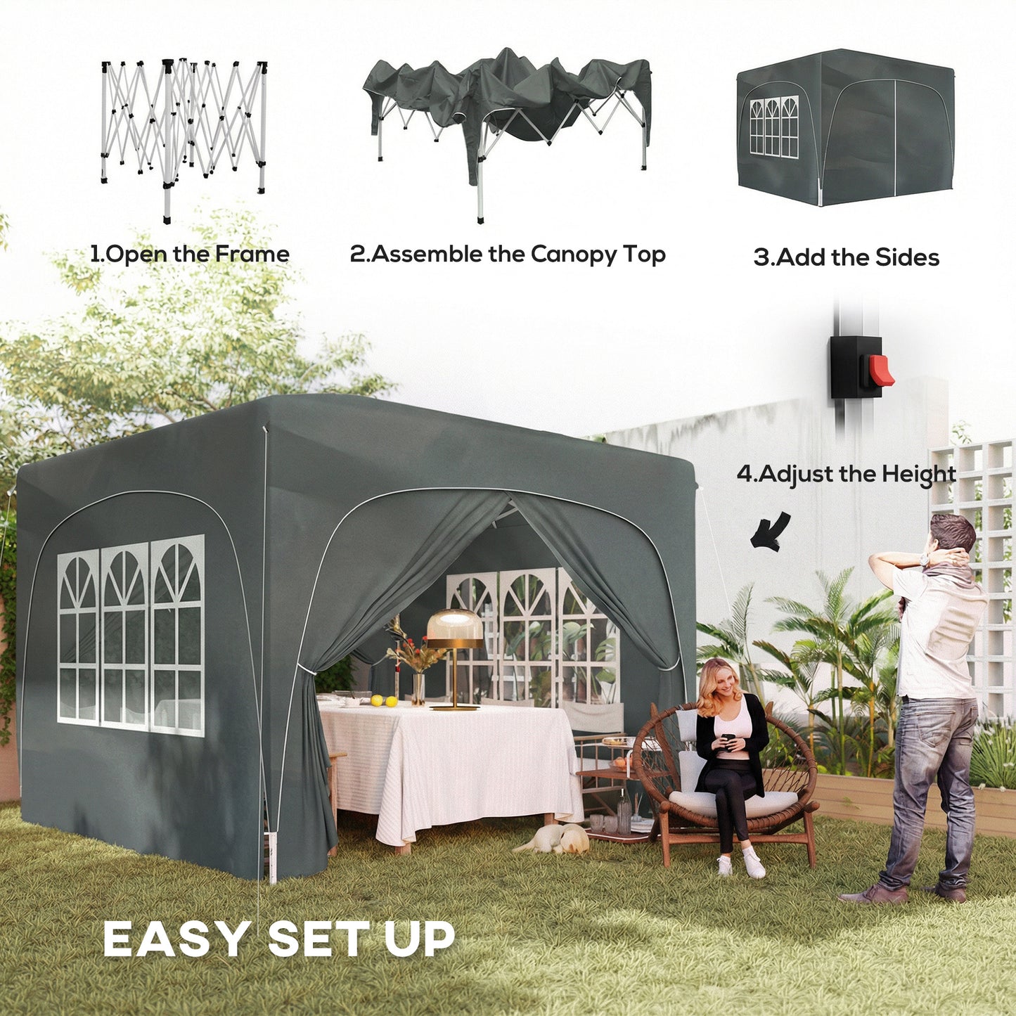 Outsunny 3x3m Pop Up Gazebo Shelter With Accessories Dark Grey UPF50 Fabric Canopy Adjustable Height 255 265 275 cm