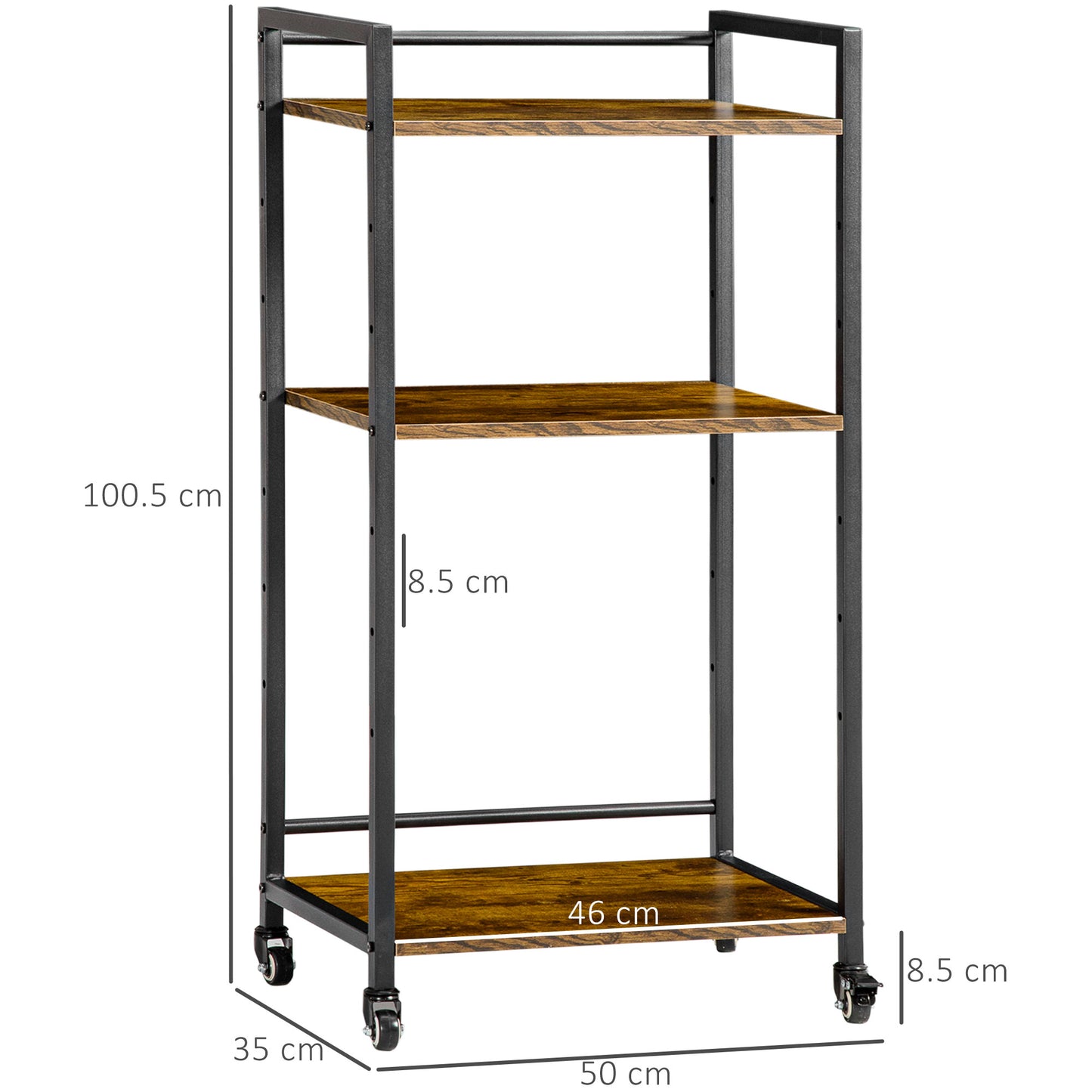 HOMCOM 3 Tier Printer Stand Utility Cart Rolling Trolley With Adjustable Shelves Lockable Wheels Rustic Brown