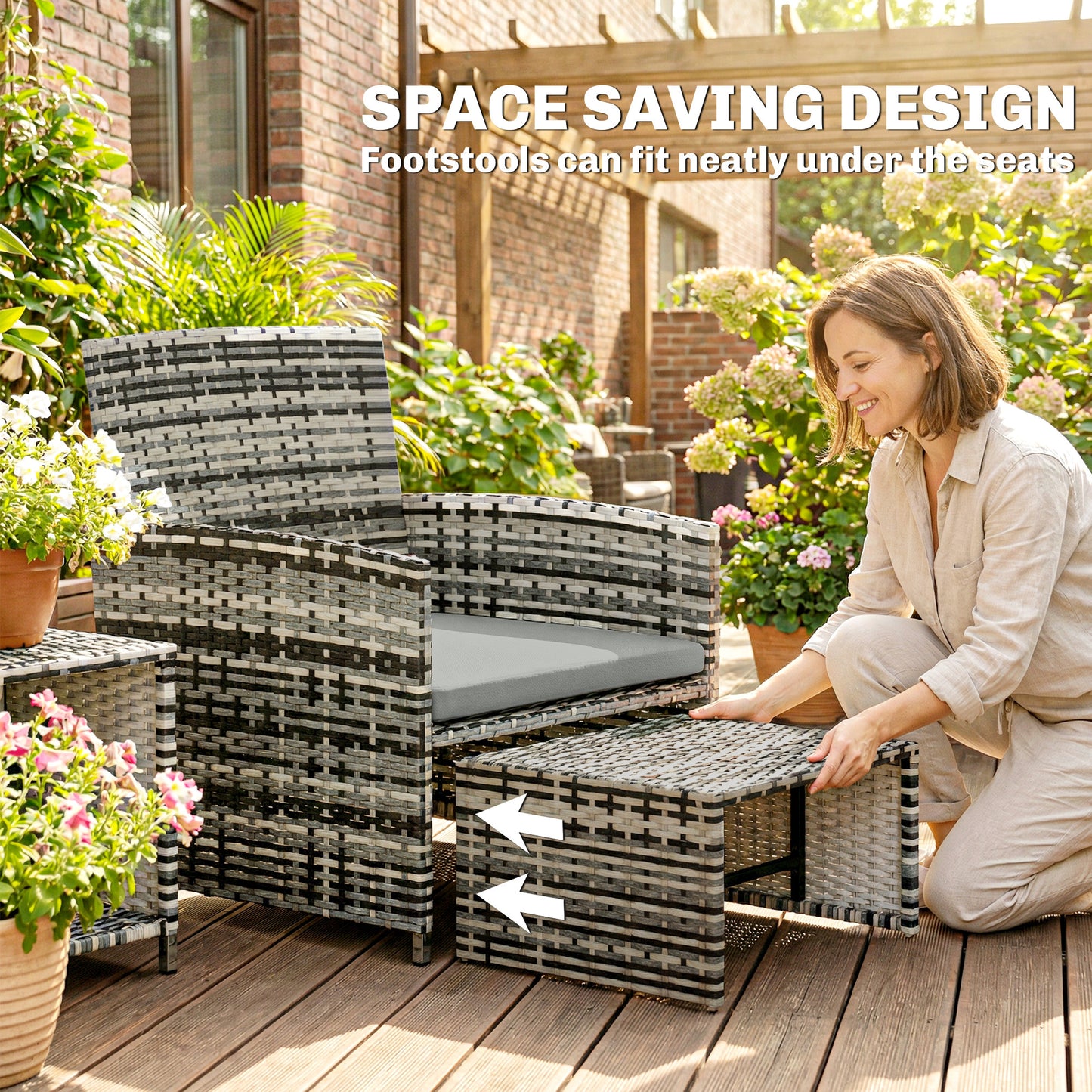 Outsunny 6 Piece Rattan Garden Furniture Set With Nesting Tables Chairs Stools Cushions Grey Patio Outdoor Living
