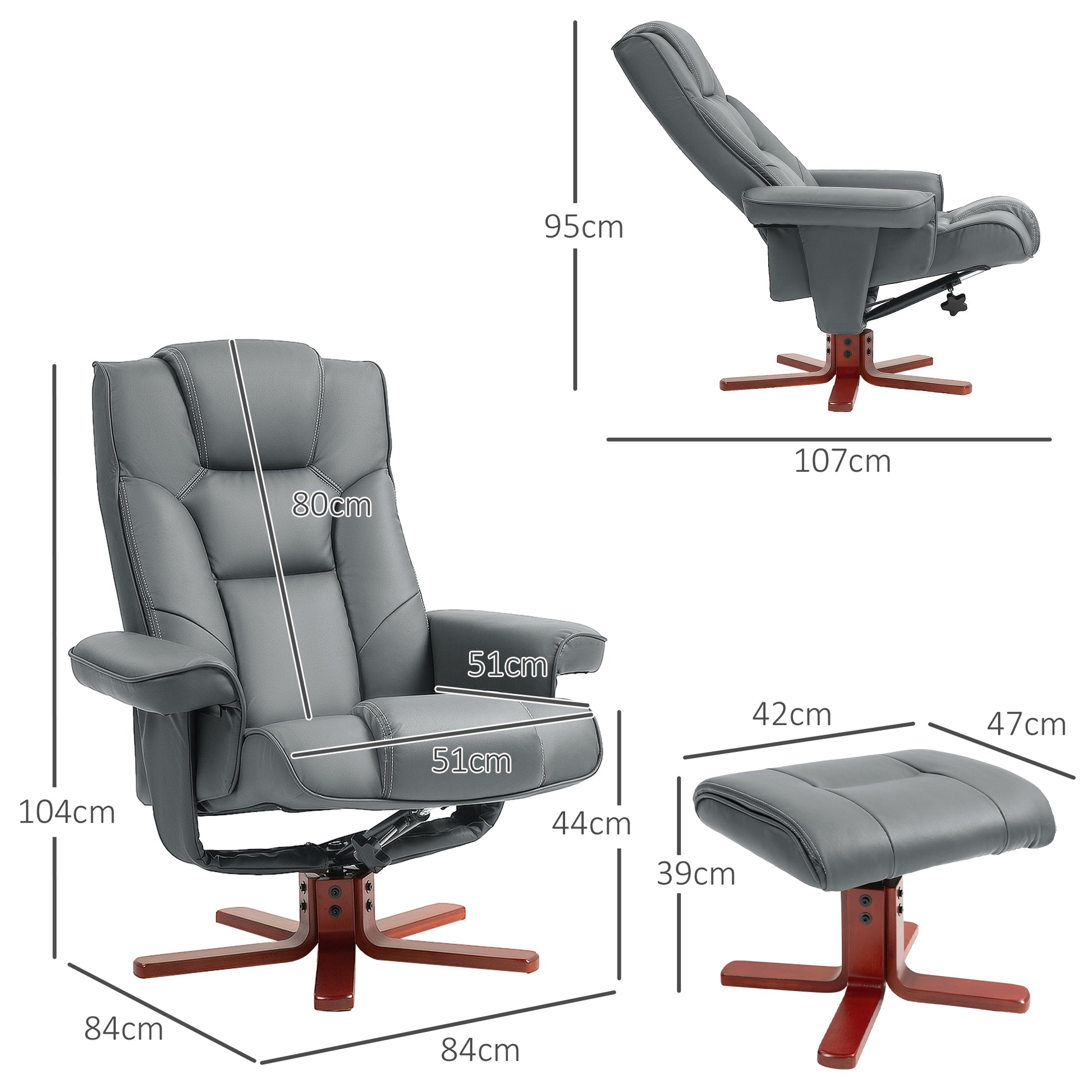 HOMCOM Grey Faux Leather Reclining Chair and Ottoman Set - ALL4U RETAILER LTD